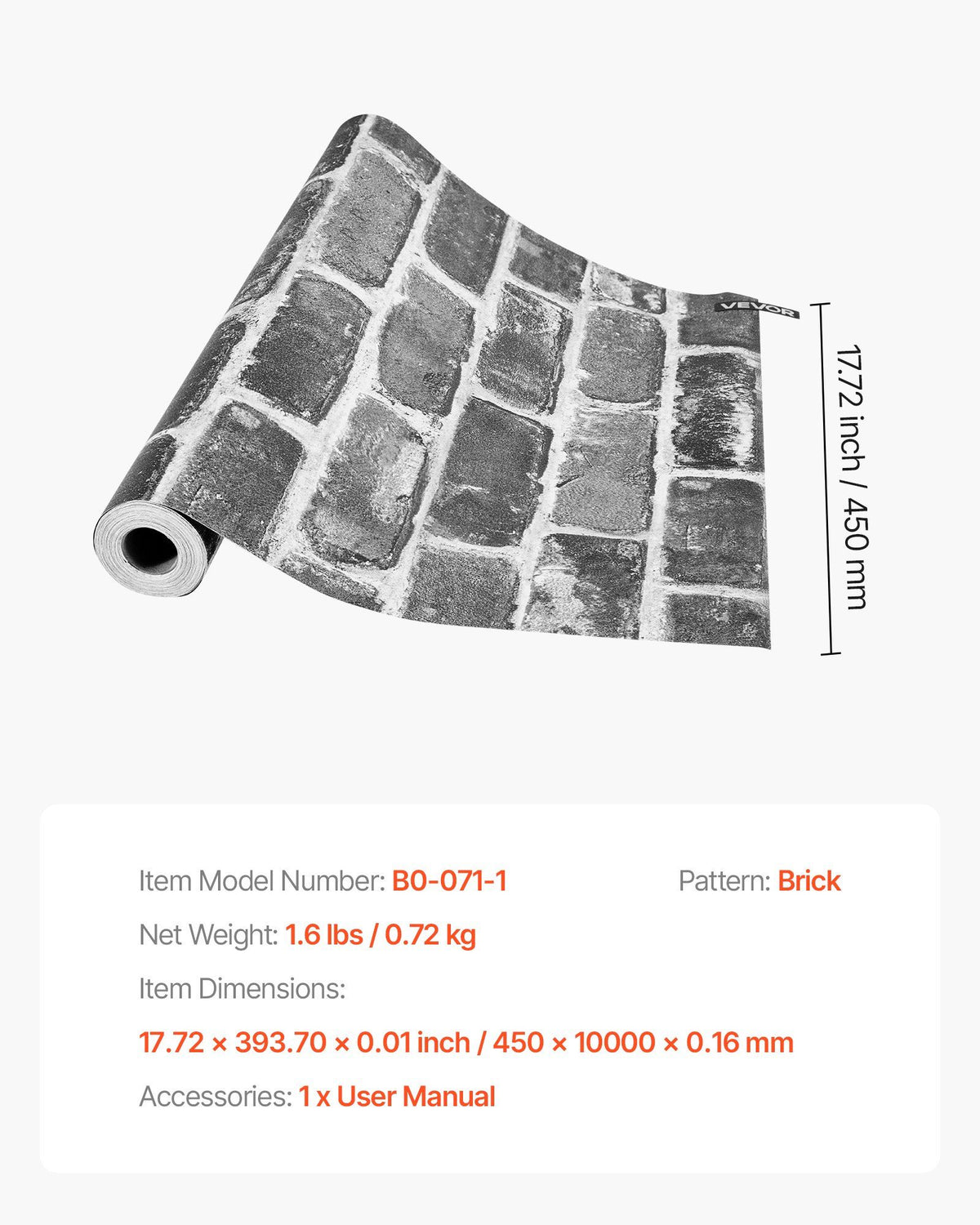 Peel and Stick Wallpaper, 45cm x 10m Contact Paper Gray Brick Waterpoof Self Adhesive, Easy to Clean & Peel V952-BZCCBZJKD40453KQP001V0