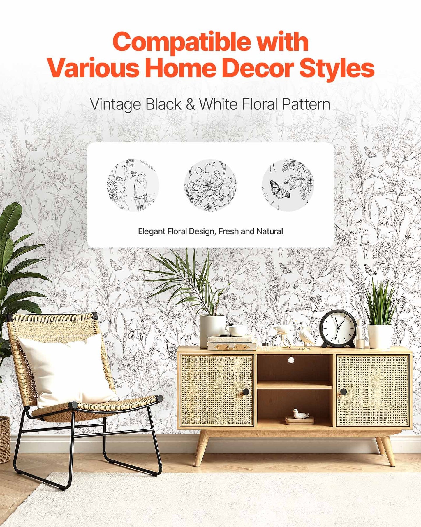 Peel and Stick Wallpaper, 45cm x 10m Contact Paper White Line Art Botanical Floral Waterpoof Self Adhesive, V952-BZCCBZJKD404WXD03001V0