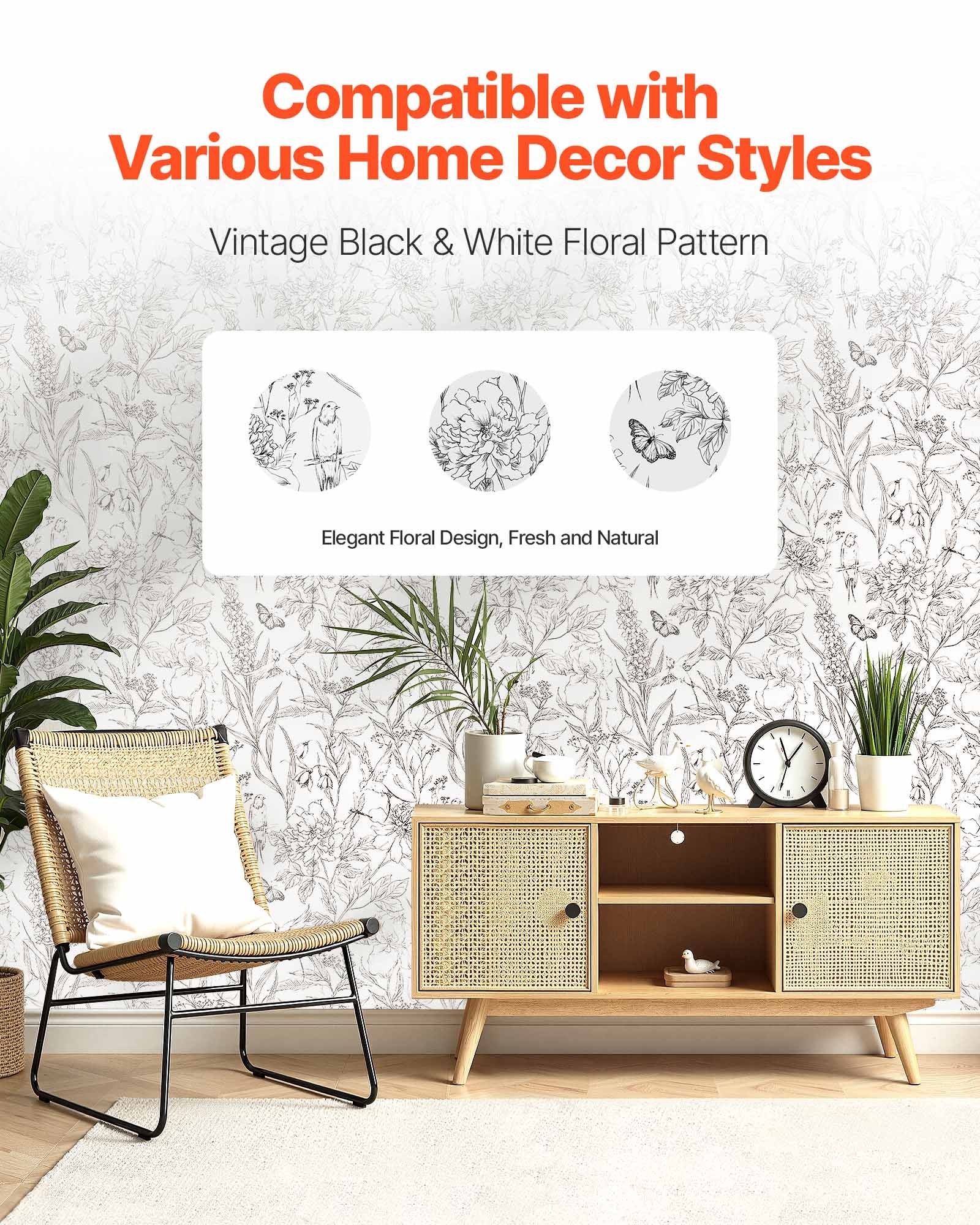 Peel and Stick Wallpaper, 45cm x 10m Contact Paper White Line Art Botanical Floral Waterpoof Self Adhesive, V952-BZCCBZJKD404WXD03001V0