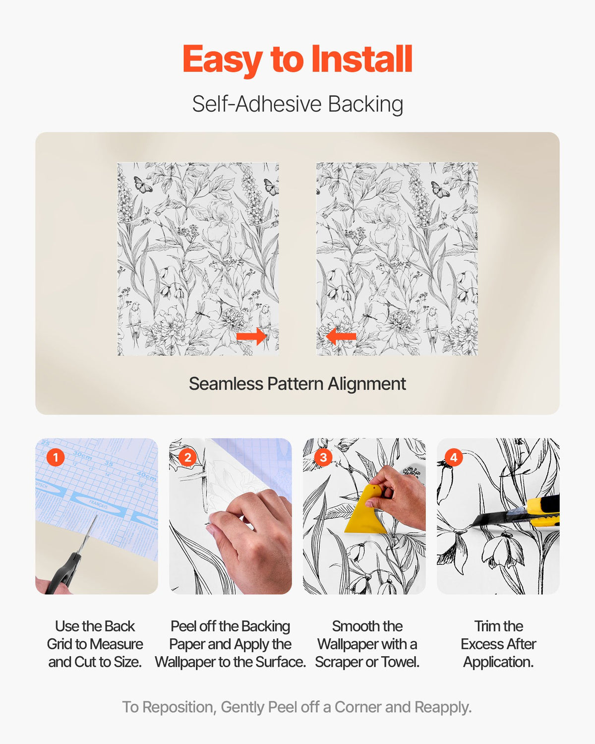 Peel and Stick Wallpaper, 45cm x 10m Contact Paper White Line Art Botanical Floral Waterpoof Self Adhesive, V952-BZCCBZJKD404WXD03001V0