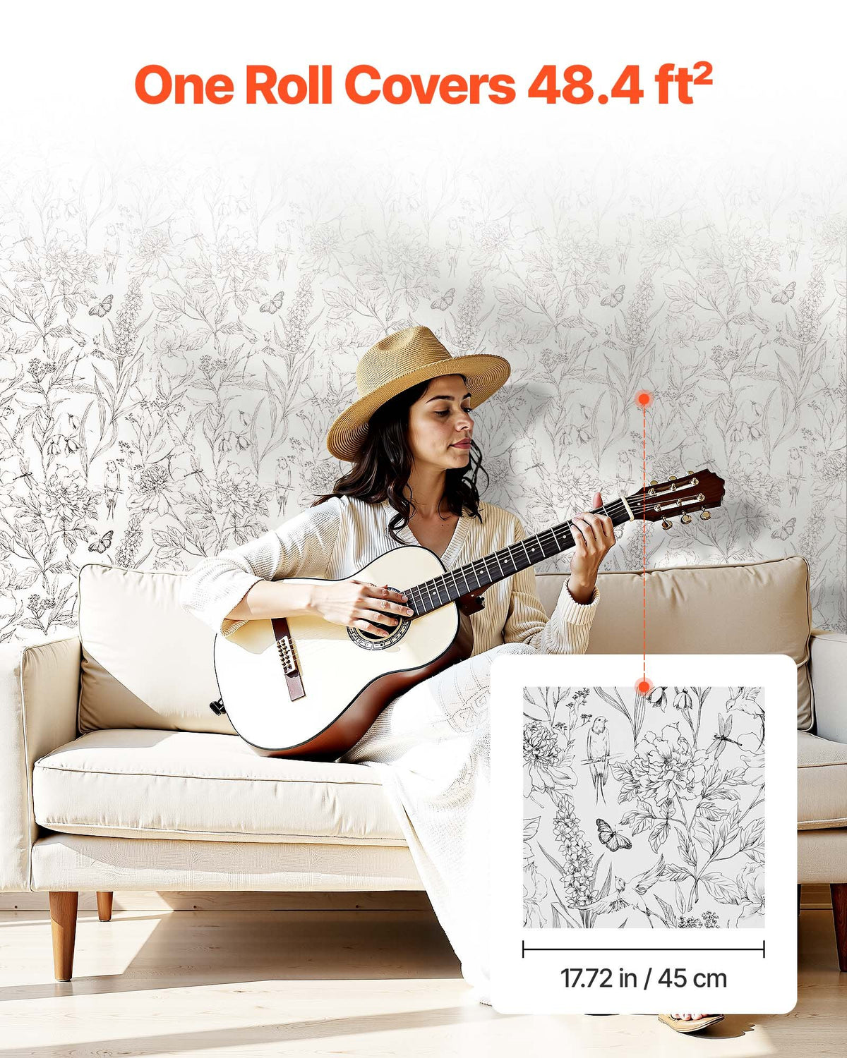 Peel and Stick Wallpaper, 45cm x 10m Contact Paper White Line Art Botanical Floral Waterpoof Self Adhesive, V952-BZCCBZJKD404WXD03001V0