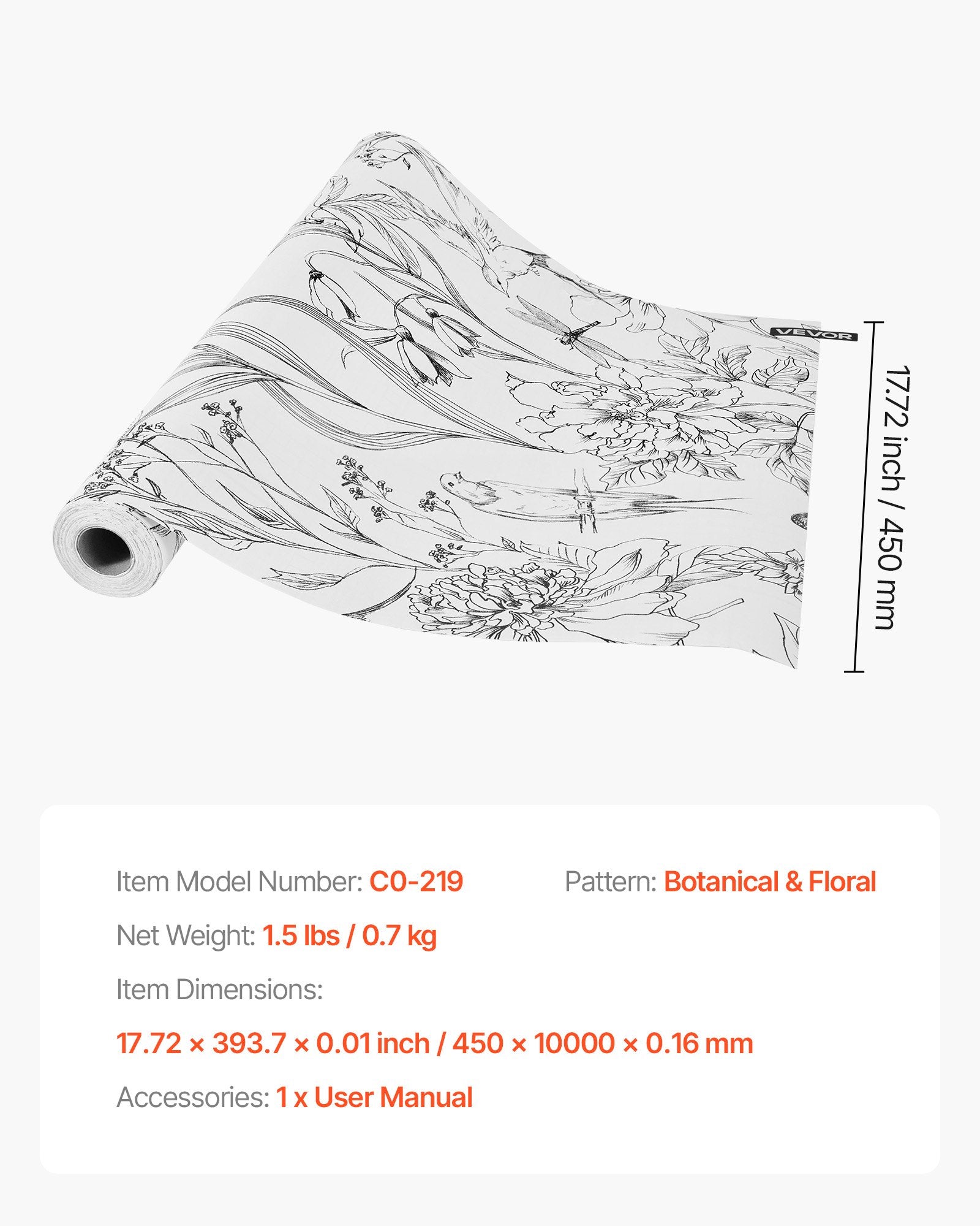 Peel and Stick Wallpaper, 45cm x 10m Contact Paper White Line Art Botanical Floral Waterpoof Self Adhesive, V952-BZCCBZJKD404WXD03001V0