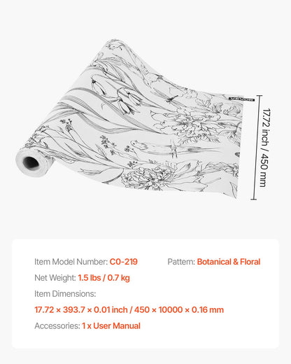 Peel and Stick Wallpaper, 45cm x 10m Contact Paper White Line Art Botanical Floral Waterpoof Self Adhesive, V952-BZCCBZJKD404WXD03001V0
