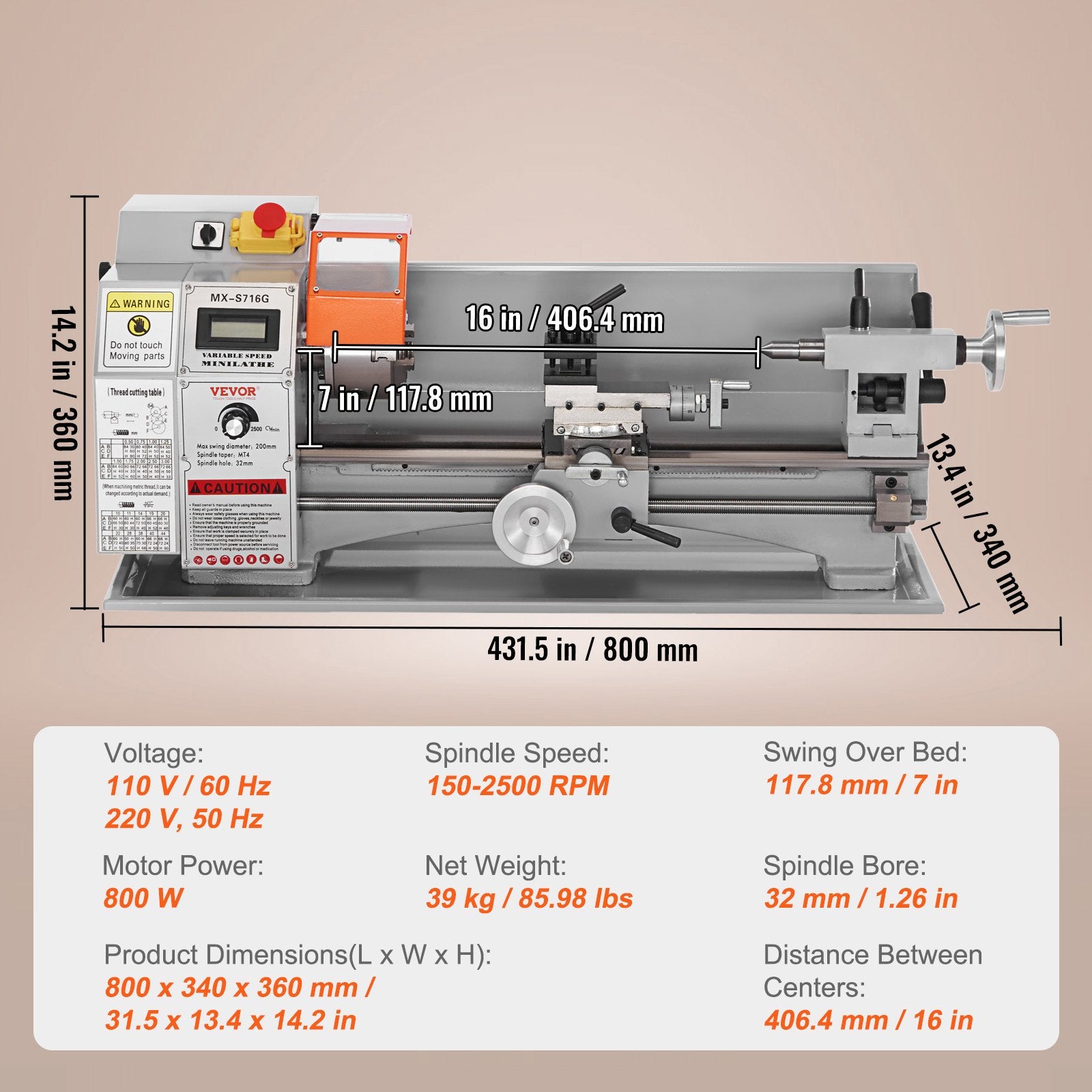 Mini Metal Lathe Machine, 180 x 400 mm, 800W Precision Benchtop Power Metal Lathe, 150-2500 RPM Continuously V952-BZDMNJSCCSFWSEYI0V3