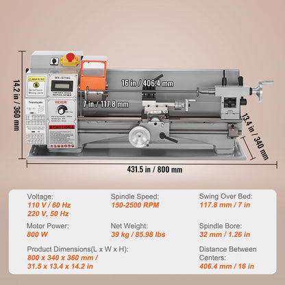 Mini Metal Lathe Machine, 180 x 400 mm, 800W Precision Benchtop Power Metal Lathe, 150-2500 RPM Continuously V952-BZDMNJSCCSFWSEYI0V3