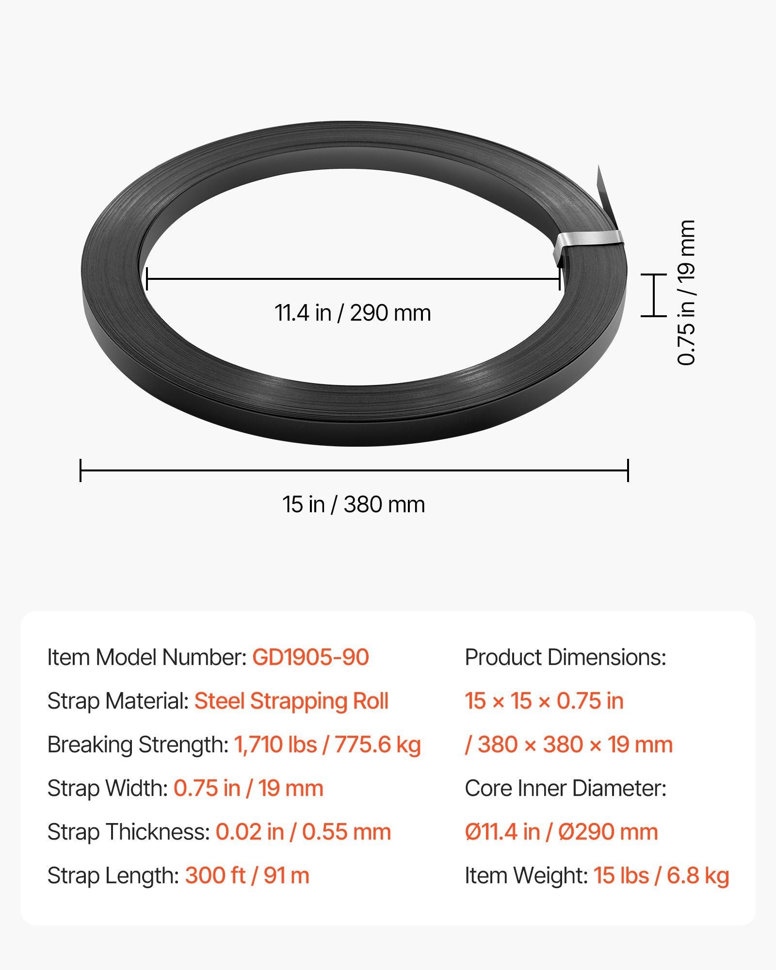 Steel Strapping Coil, 19 mm x 0.55 mm x 91 m, Metal Strapping Banding Roll Withstands Harsh Environment, V952-BZKZDGD34INCA7655001V0
