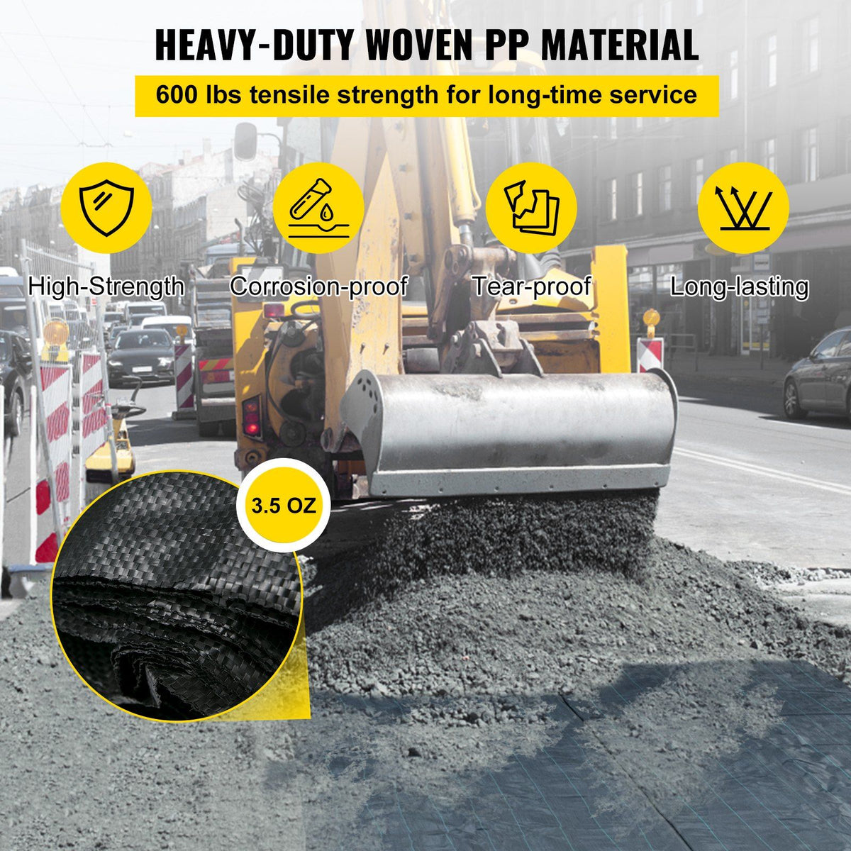 Geotextile Fabric, 3.8 x 15.2 m 3.5oz Woven PP Driveway Drain Cloth with 600lbs Tensile Strength, Heavy Duty V952-BZTGB125X50PE01SYV0