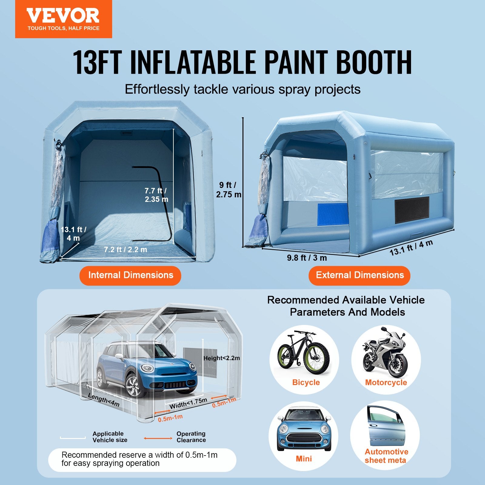Inflatable Paint Booth, 13.1 x 9.8 x 9 ft Inflatable Spray Booth, with 750W Powerful Blower and Air Filter V952-C13109FT3750WIIEBV3