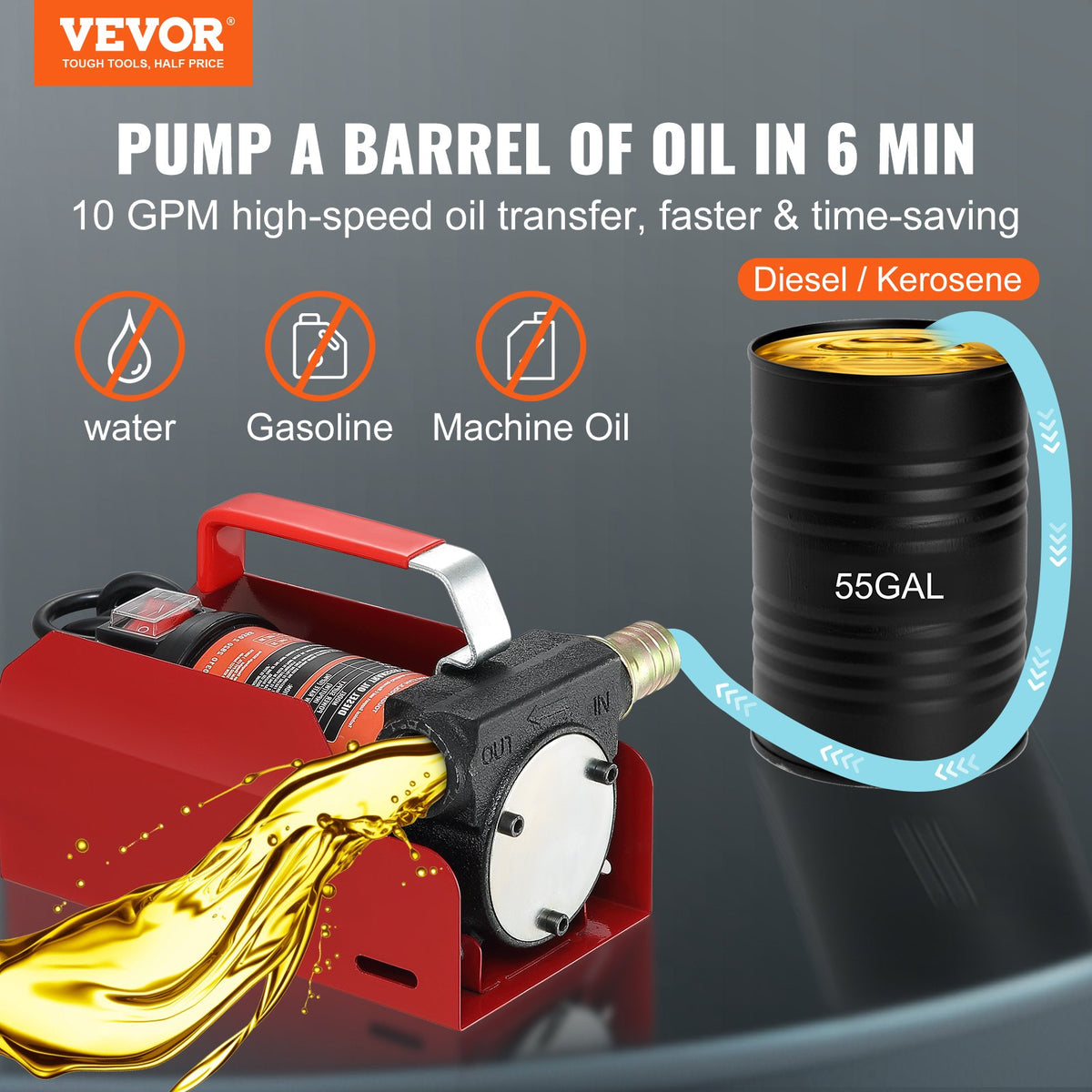 Fuel Transfer Pump, 12V DC, 10 GPM, 8 m Lift, Portable Electric Diesel Transfer Extractor Pump Kit with V952-C155W40LPM12VBIFFV9
