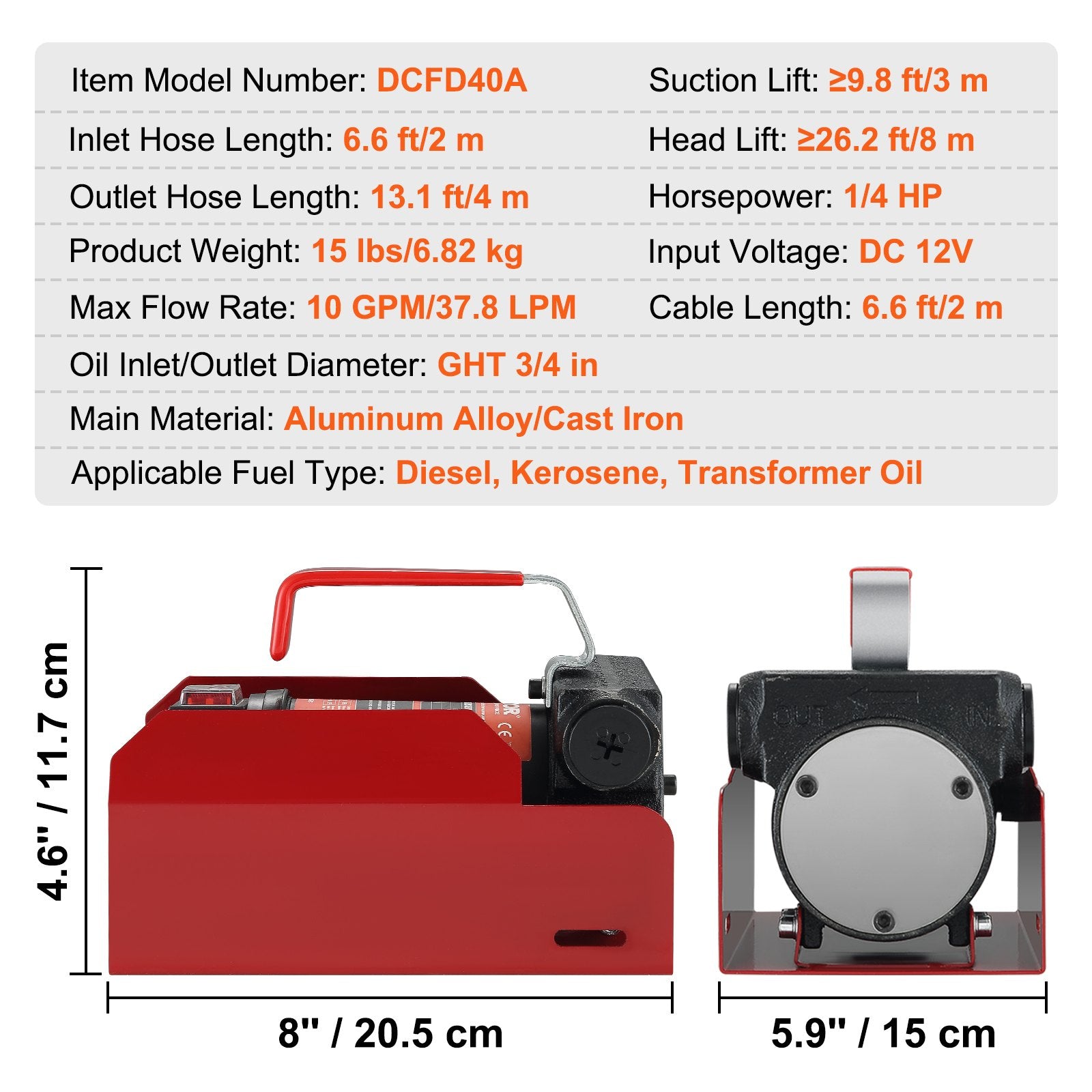 Fuel Transfer Pump, 12V DC, 10 GPM, 8 m Lift, Portable Electric Diesel Transfer Extractor Pump Kit with V952-C155W40LPM12VBIFFV9