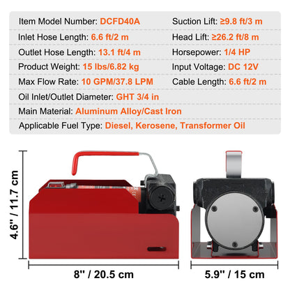 Fuel Transfer Pump, 12V DC, 10 GPM, 8 m Lift, Portable Electric Diesel Transfer Extractor Pump Kit with V952-C155W40LPM12VBIFFV9