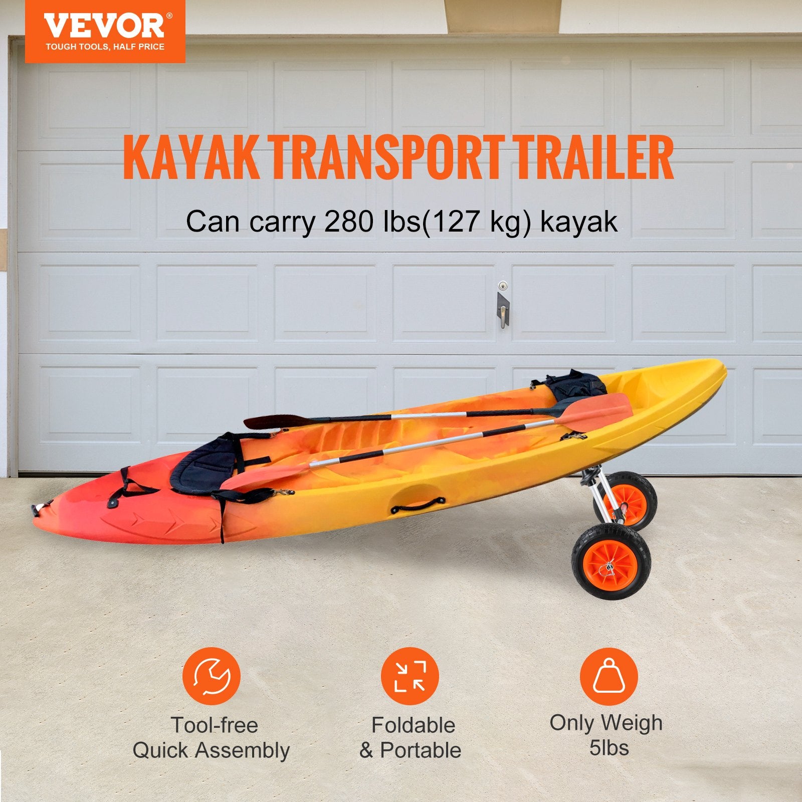 Adjustable Kayak Cart Canoe Boat Carrier 280lbs Load with 10'' Solid Tires V952-C280LBS10INCHASOUV0