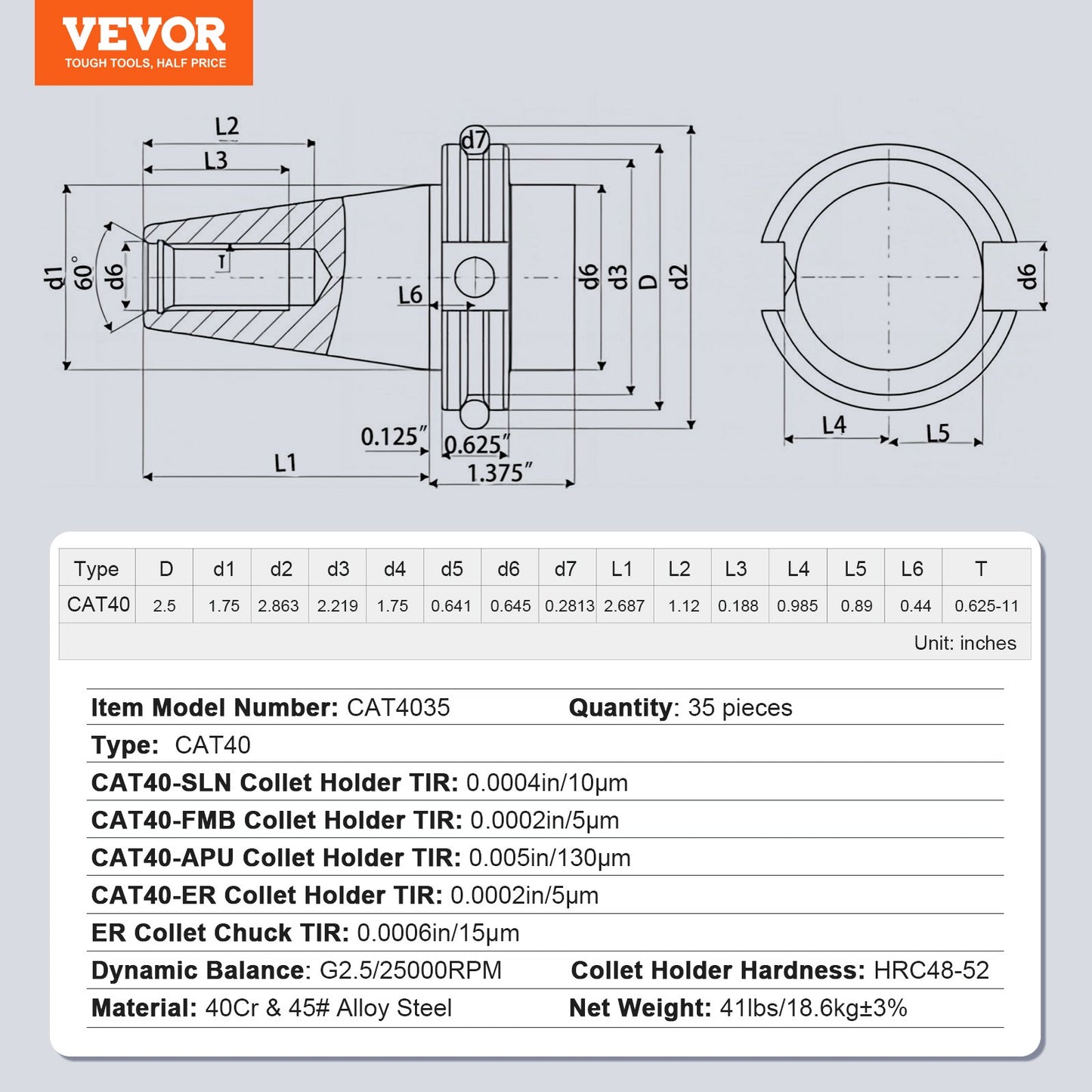 CAT40 Collet Holder ER 16/32 Collet Set, 35 PCs, SLN FMB ER16/32 APU Tool Holders Spring Steel Collet Chucks V952-CATDBCAT40ERJEC38V0