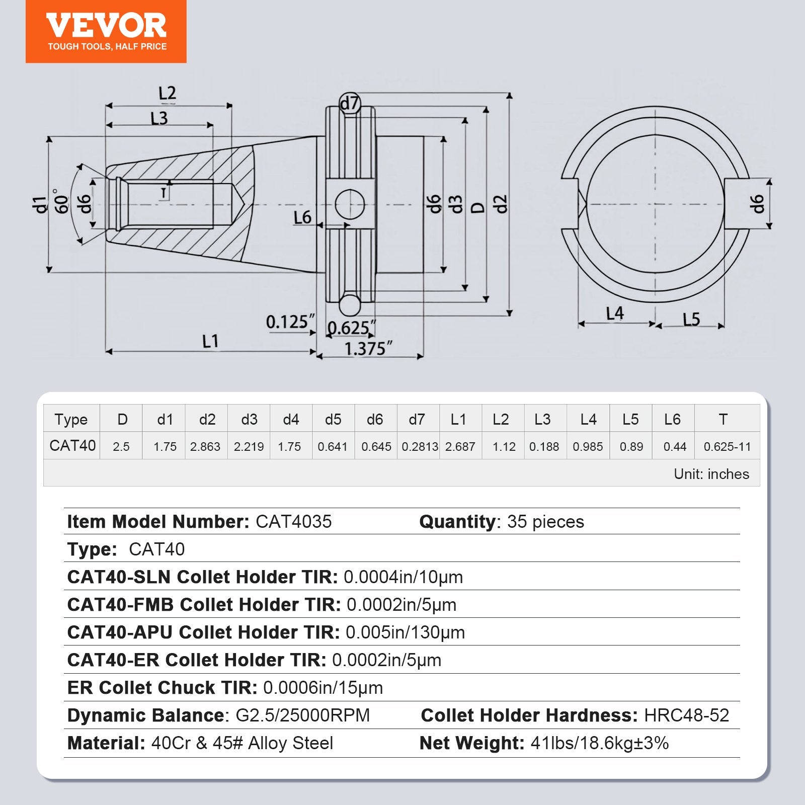CAT40 Collet Holder ER 16/32 Collet Set, 35 PCs, SLN FMB ER16/32 APU Tool Holders Spring Steel Collet Chucks V952-CATDBCAT40ERJEC38V0