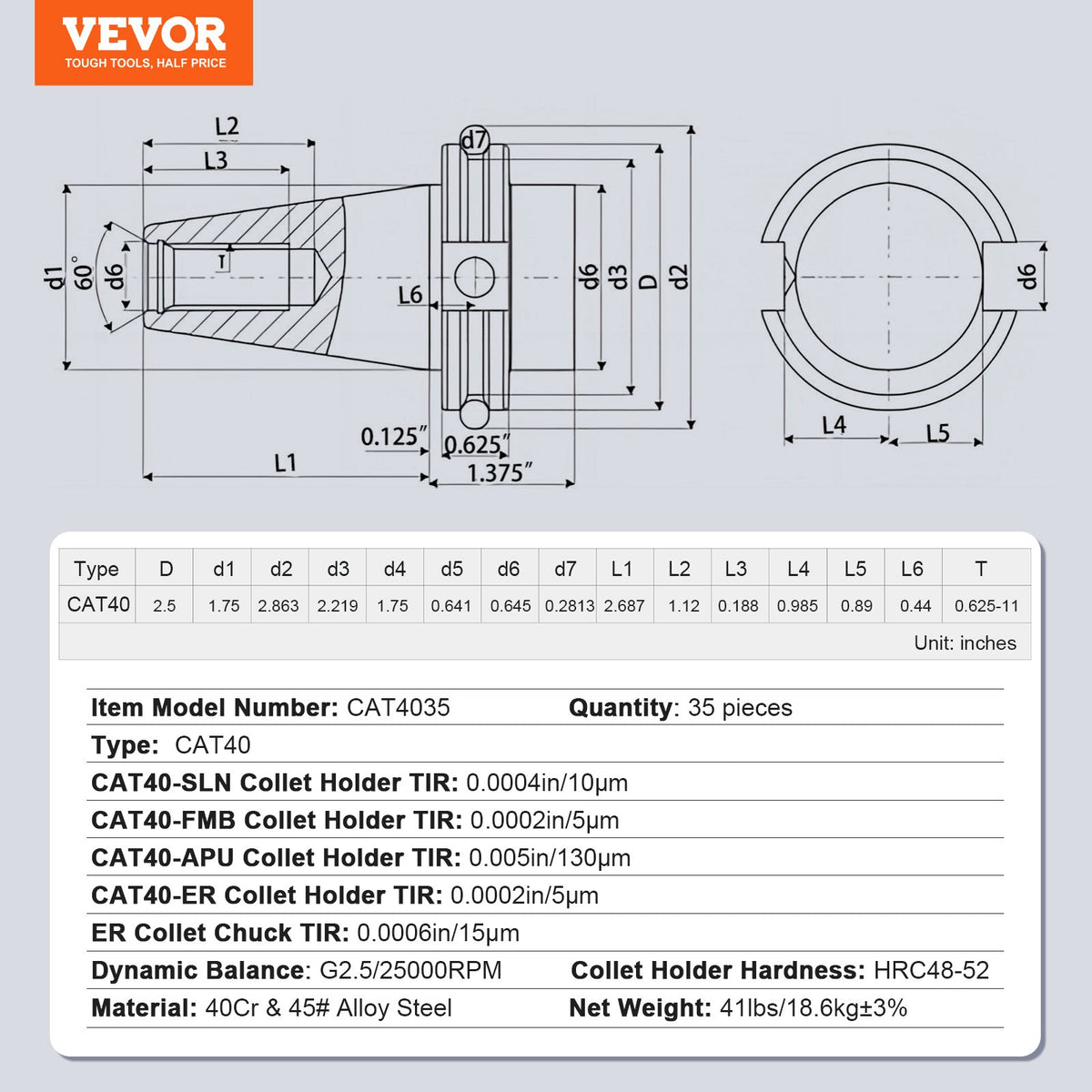 CAT40 Collet Holder ER 16/32 Collet Set, 35 PCs, SLN FMB ER16/32 APU Tool Holders Spring Steel Collet Chucks V952-CATDBCAT40ERJEC38V0