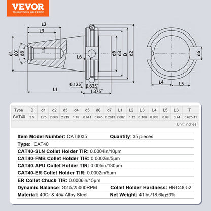 CAT40 Collet Holder ER 16/32 Collet Set, 35 PCs, SLN FMB ER16/32 APU Tool Holders Spring Steel Collet Chucks V952-CATDBCAT40ERJEC38V0