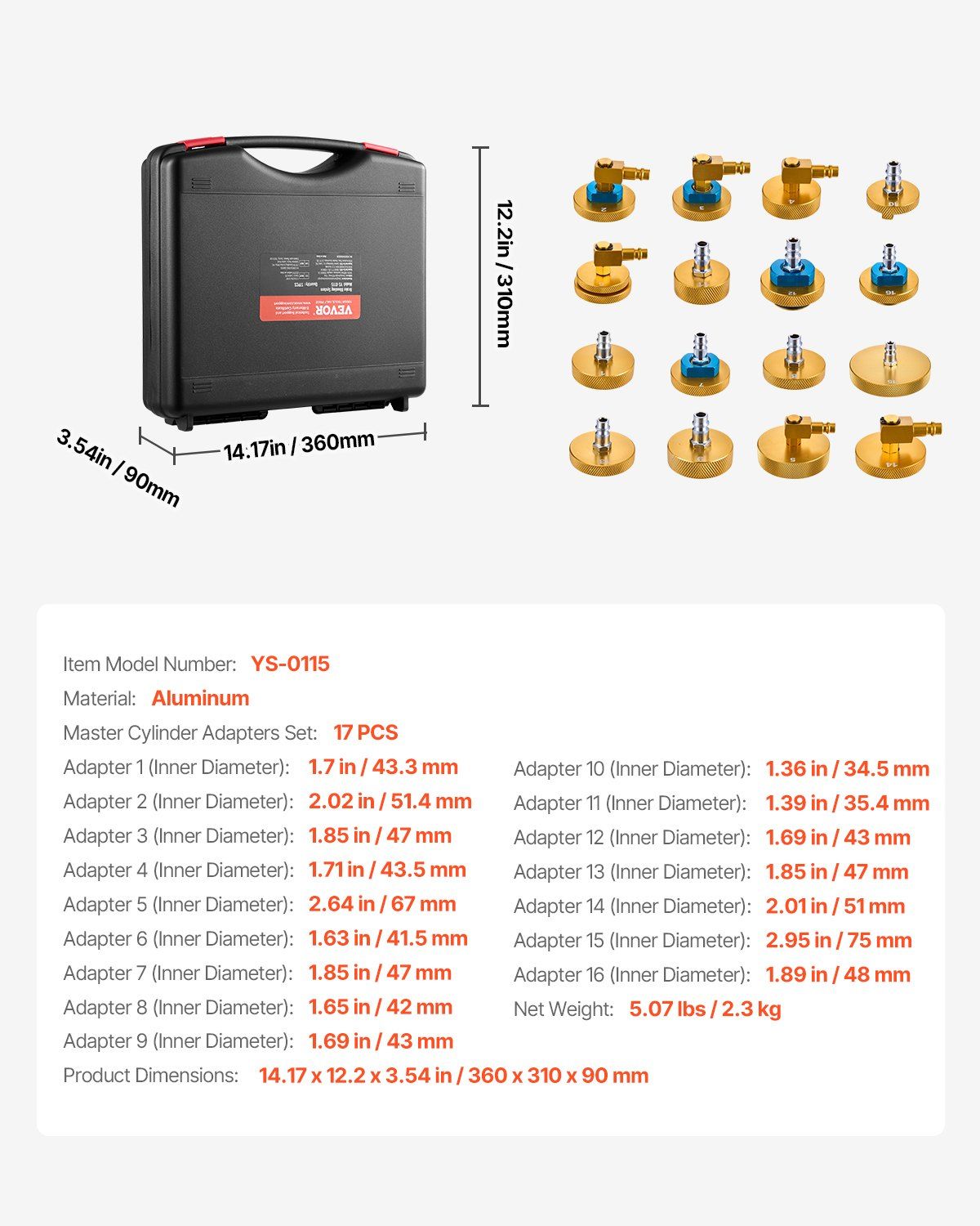 Brake Master Bleeder Kit, 17 Pcs, Professional Brake Bleeder Adapter Set with Complete Kit & Handle, Durable V952-CCYGHSPQTJ17GSTKOV0