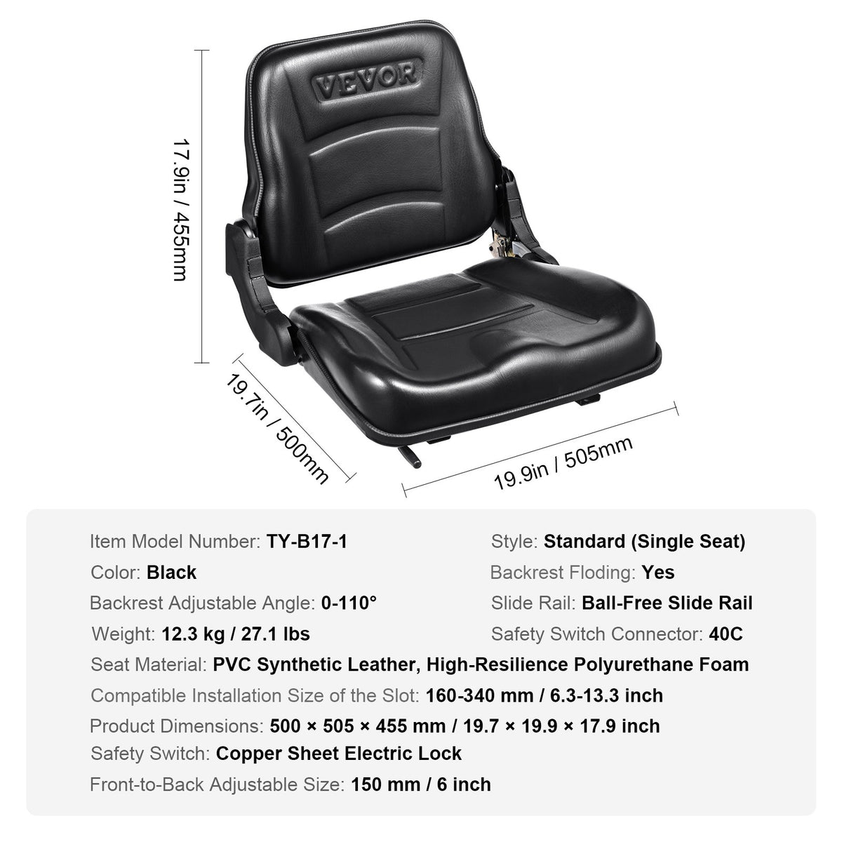 Universal Forklift Seat, Fold Down Tractor Seat with Adjustable Angle Back and Micro Switch, 16-34 cm V952-CCZYCGKDY0007EM3EV0
