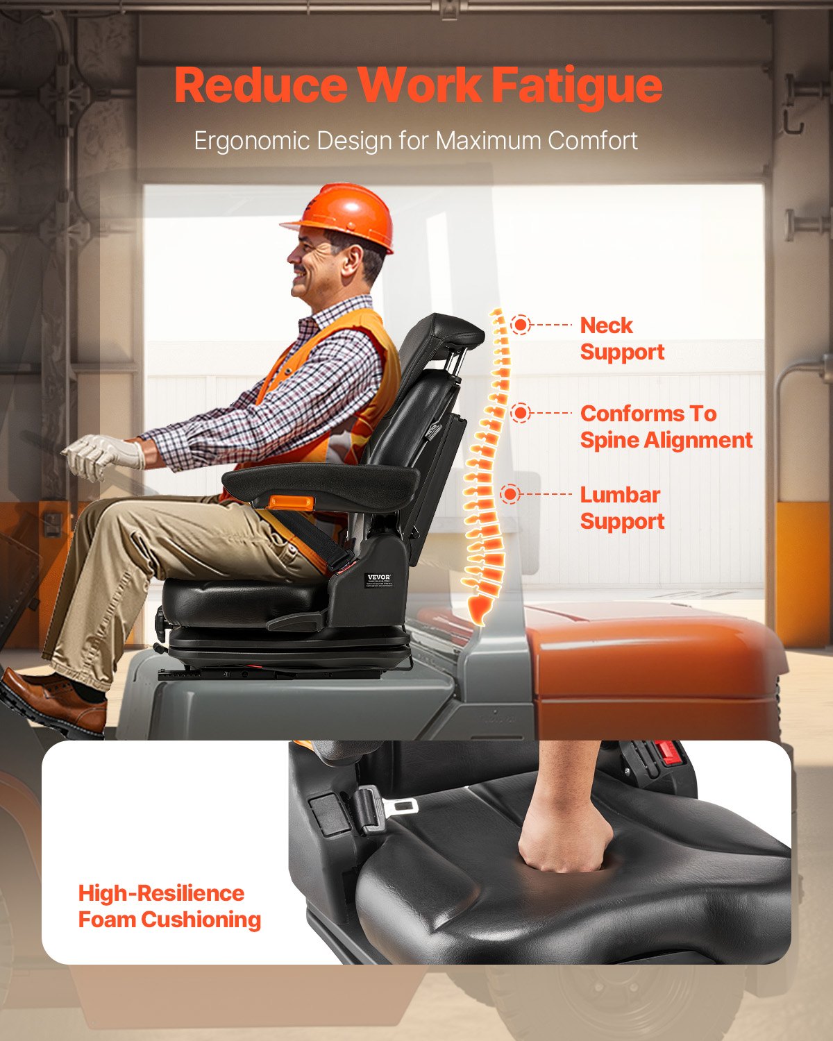 Universal Forklift Seat, Tractor Suspension Seat with Adjustable Back, Armrest, Headrest & Safety Belt, V952-CCZYCGKFSAQDCVTP9V0