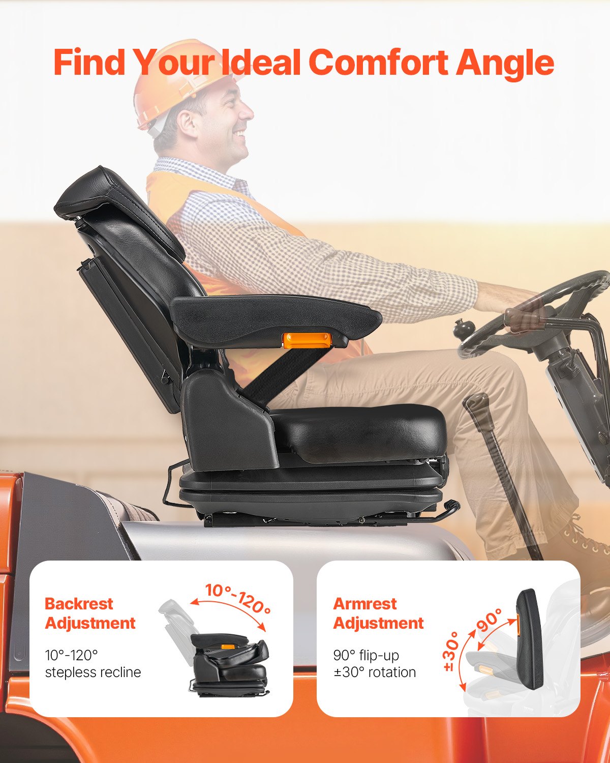 Universal Forklift Seat, Tractor Suspension Seat with Adjustable Back, Armrest, Headrest & Safety Belt, V952-CCZYCGKFSAQDCVTP9V0