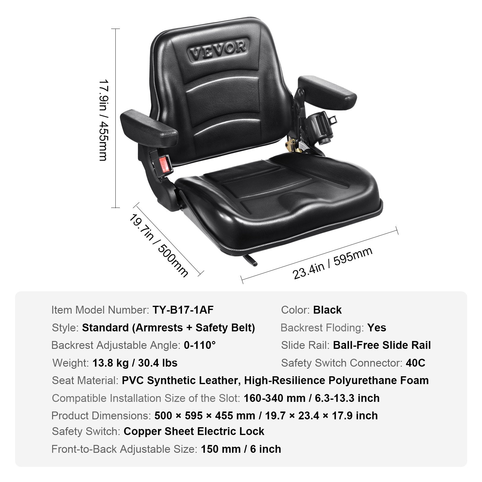 Universal Forklift Seat, Fold Down Tractor Seat with Adjustable Angle Back, Micro Switch, Seatbelt and V952-CCZYCGKFSAQDUWMNSV0