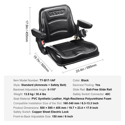 Universal Forklift Seat, Fold Down Tractor Seat with Adjustable Angle Back, Micro Switch, Seatbelt and V952-CCZYCGKFSAQDUWMNSV0