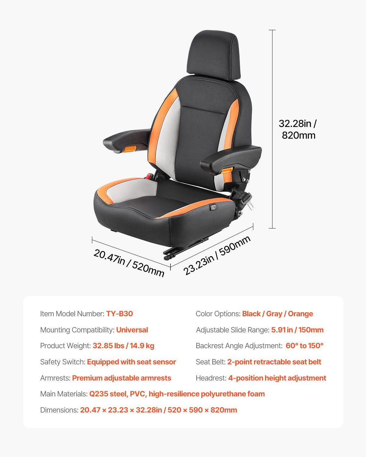 Forklift Seat Mower Tractor Seat Adjustable Back Seatbelt & Headrest V952-CCZYCGKFSAQDXWZDKV0