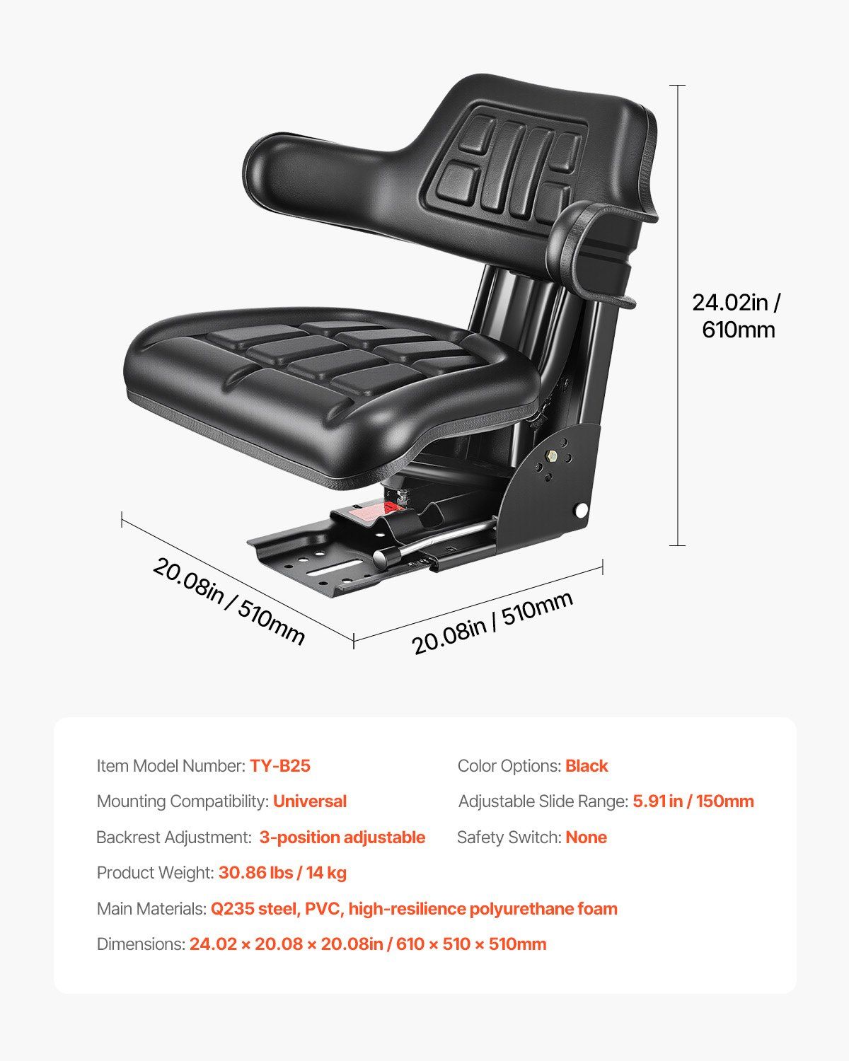 Universal Forklift Seat, Waterproof Tractor Suspension Seat with Adjustable Back, Secure Tractor Seat with V952-CCZYXJKXJK00FZ75NV0