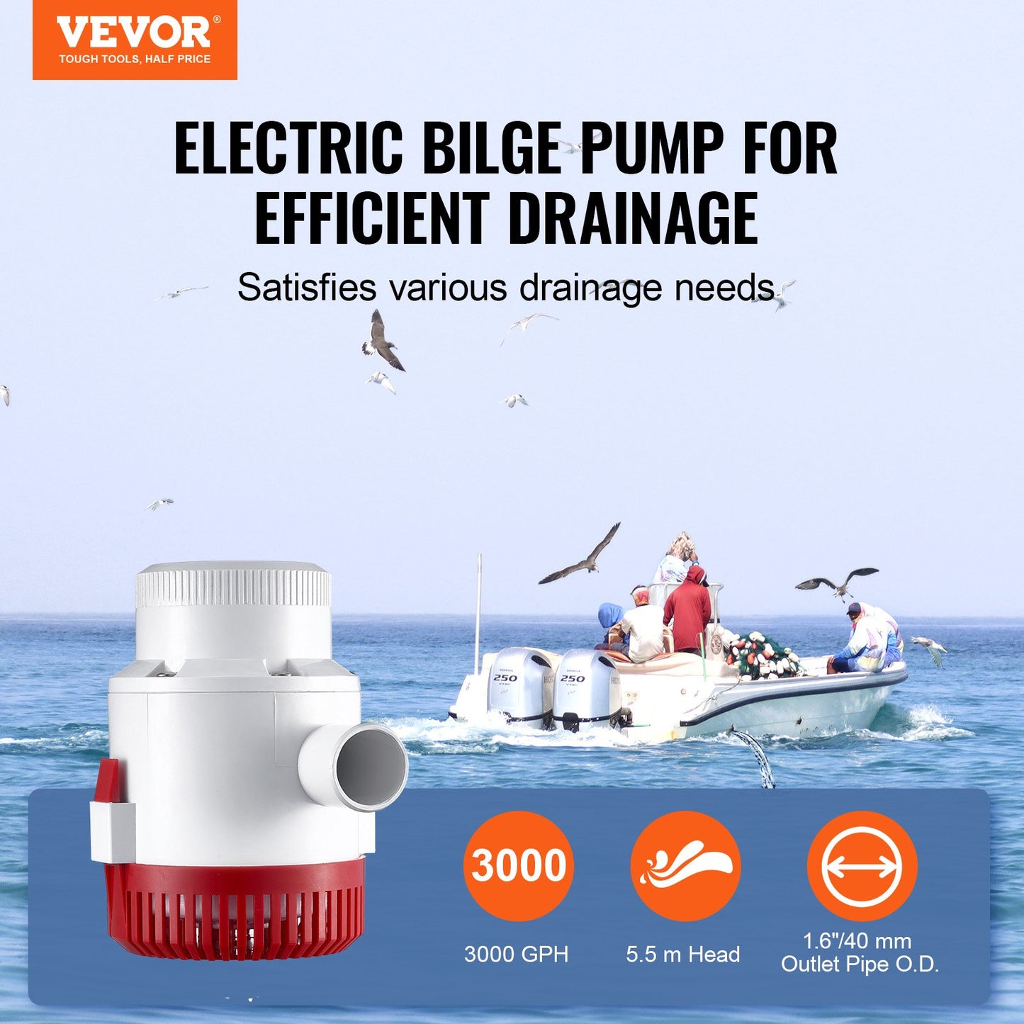 Bilge Pump, 3000GPH Automatic Submersible Boat Bilge Water Pump with Float Switch, 40 mm Outlet Diameter, V952-CDB3700GPH00T37E4V9