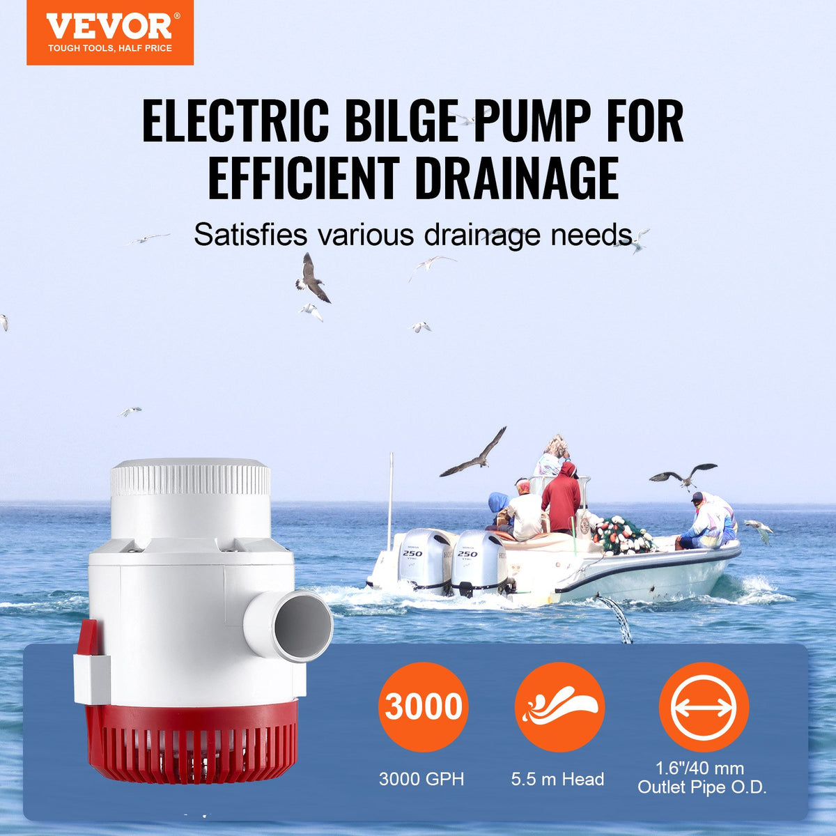 Bilge Pump, 3000GPH Automatic Submersible Boat Bilge Water Pump with Float Switch, 40 mm Outlet Diameter, V952-CDB3700GPH00T37E4V9