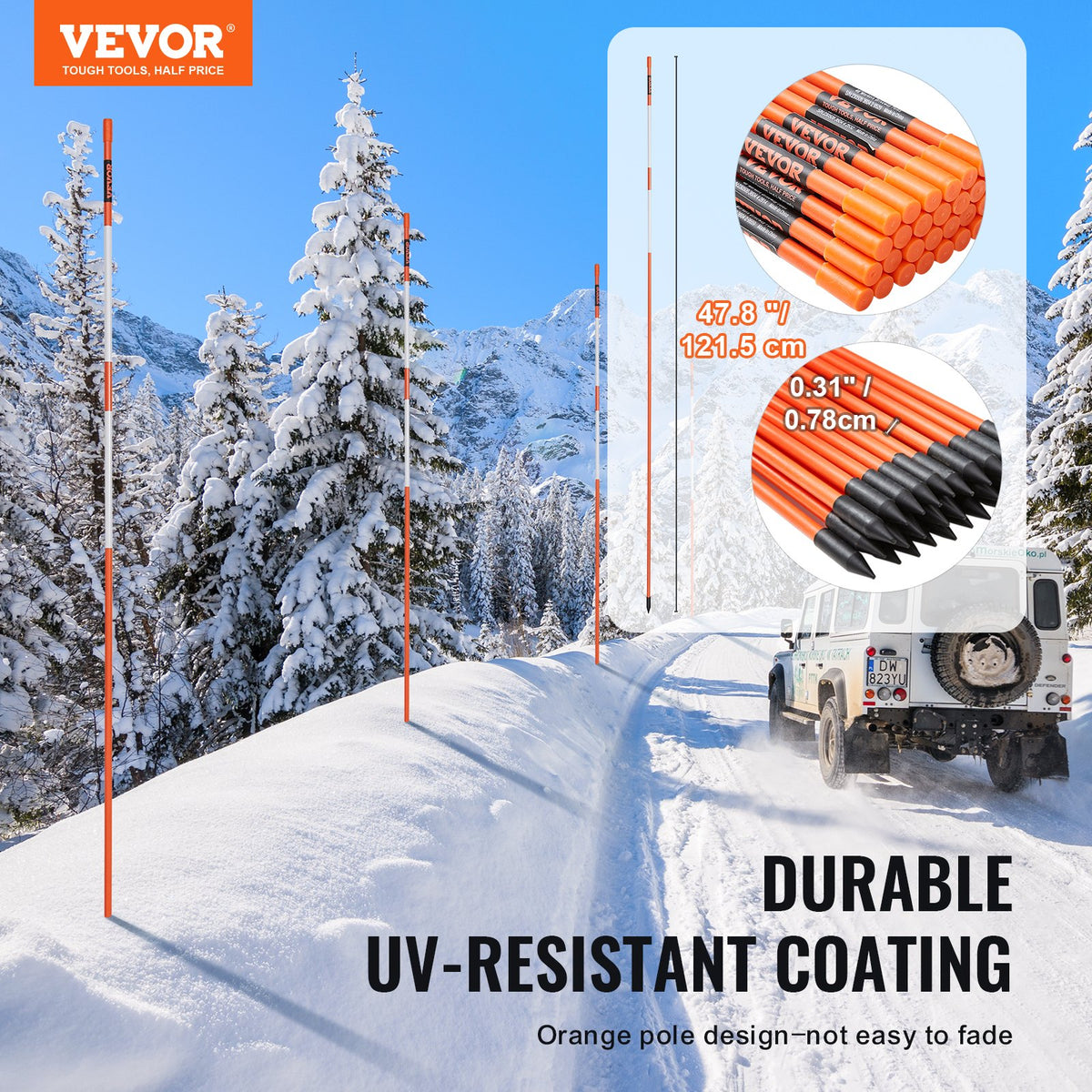 Driveway Markers, 30 PCS 121.5cm, 0.78cm Diameter, Orange Fiberglass Poles Snow Stakes with Reflective Tape, V952-CDBG48YCCS30QIESPV0