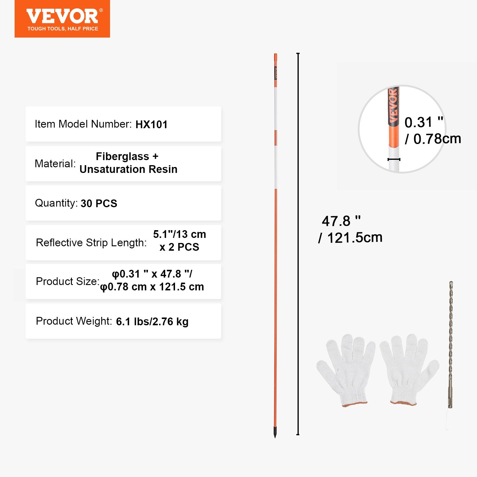 Driveway Markers, 30 PCS 121.5cm, 0.78cm Diameter, Orange Fiberglass Poles Snow Stakes with Reflective Tape, V952-CDBG48YCCS30QIESPV0