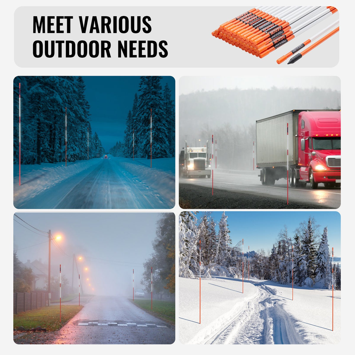 Driveway Markers, 50 PCS 121.5 cm, 0.78 cm Diameter Orange Fiberglass Poles Snow Stakes with Reflective Tape, V952-CDBG48YCCS504M8BHV0