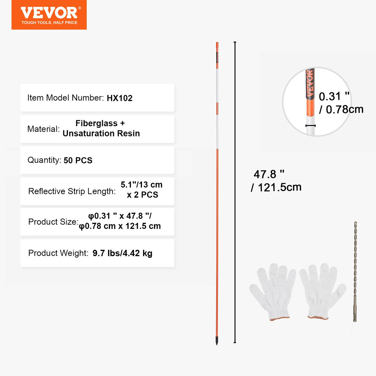 Driveway Markers, 50 PCS 121.5 cm, 0.78 cm Diameter Orange Fiberglass Poles Snow Stakes with Reflective Tape, V952-CDBG48YCCS504M8BHV0