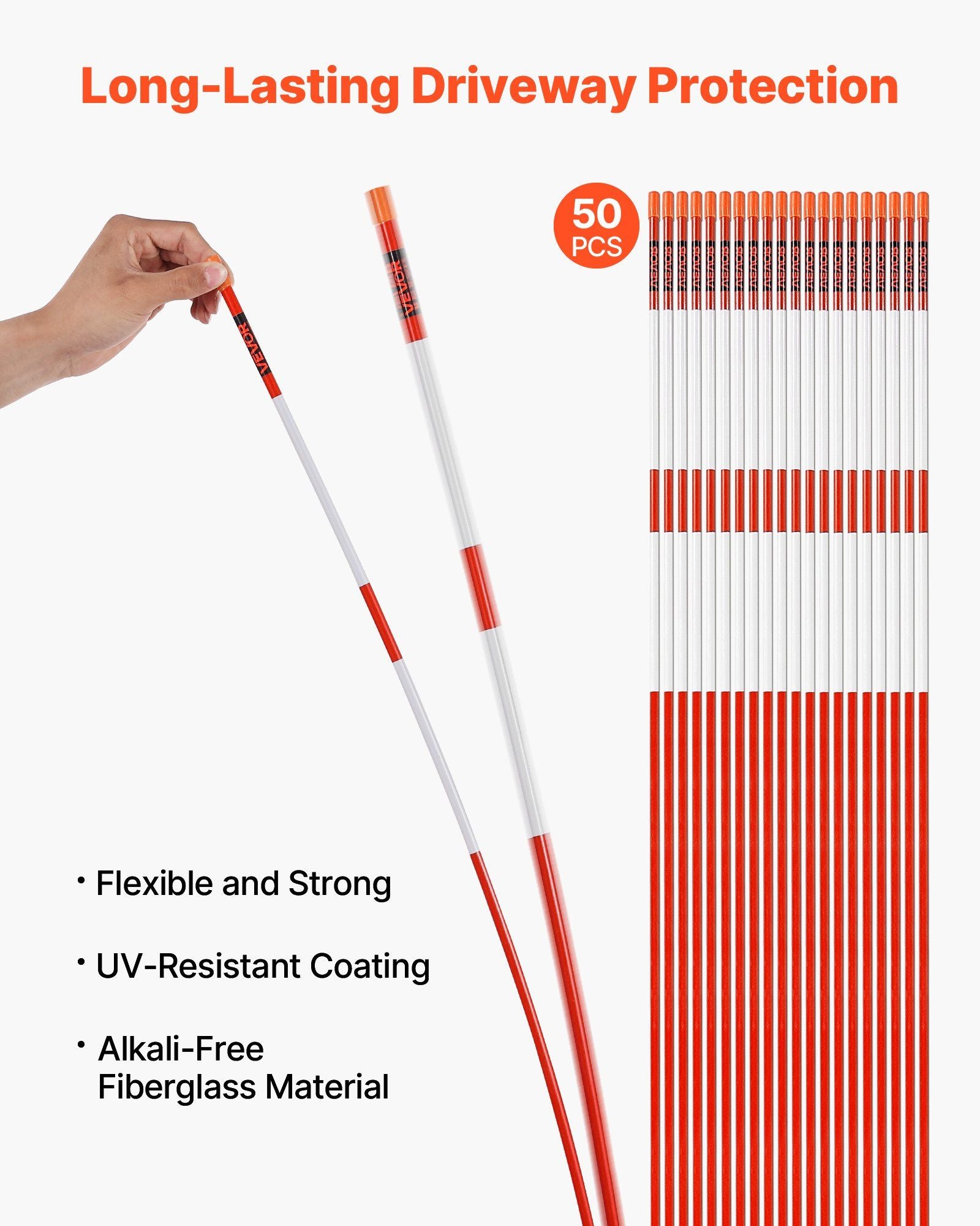 Driveway Markers, 50Pcs 152cm Long 7.87mm Dia, Hi-Visibility Driveway Reflectors with 12 in Steel Drill Bits, V952-CDBG60INCHCS882WP001V0