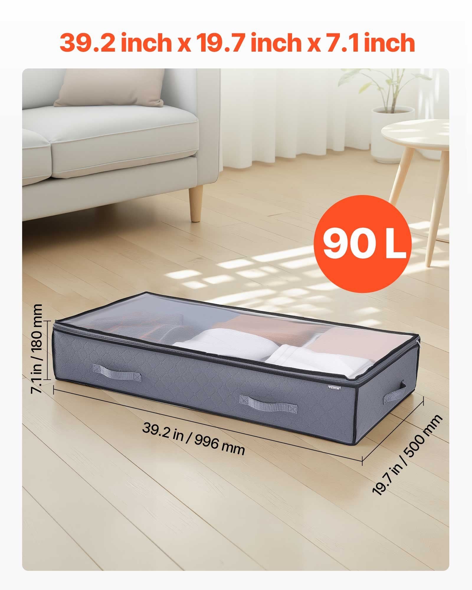 Under Bed Storage with Clear Lids, 996 x 500 x 180 mm, 90L Large Underbed Clothes Storage Containers, Low V952-CDCWFBWFBWL3F65TO001V0