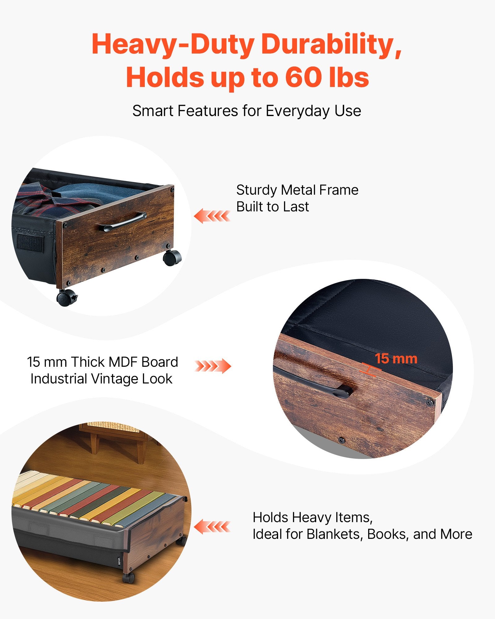 Under Bed Storage with Wheels, 650 x 460 x 180 mm Underbed Containers, Underbed Shoes Organizer with Lockable V952-CDCWKFTMBYDLATMLN001V0