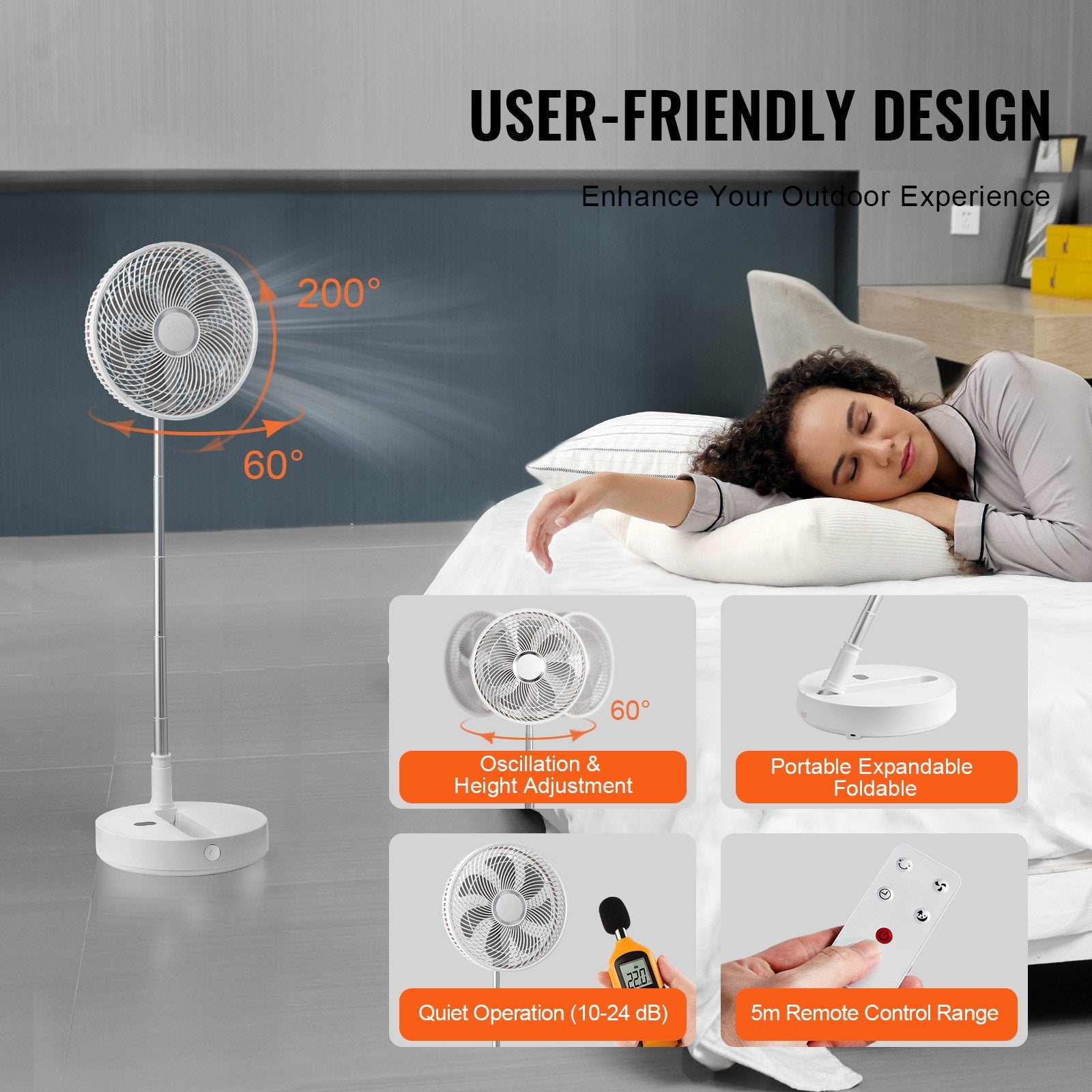 12 Inch Foldable Oscillating Standing Fan with Remote Control, 4 Speed Adjustable Portable Desk Quiet Fan, V952-CDFS12YCSSSF9DA1CV9