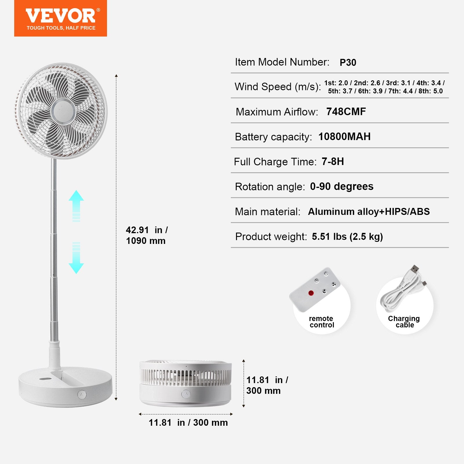 12 Inch Foldable Oscillating Standing Fan with Remote Control, 4 Speed Adjustable Portable Desk Quiet Fan, V952-CDFS12YCSSSF9DA1CV9