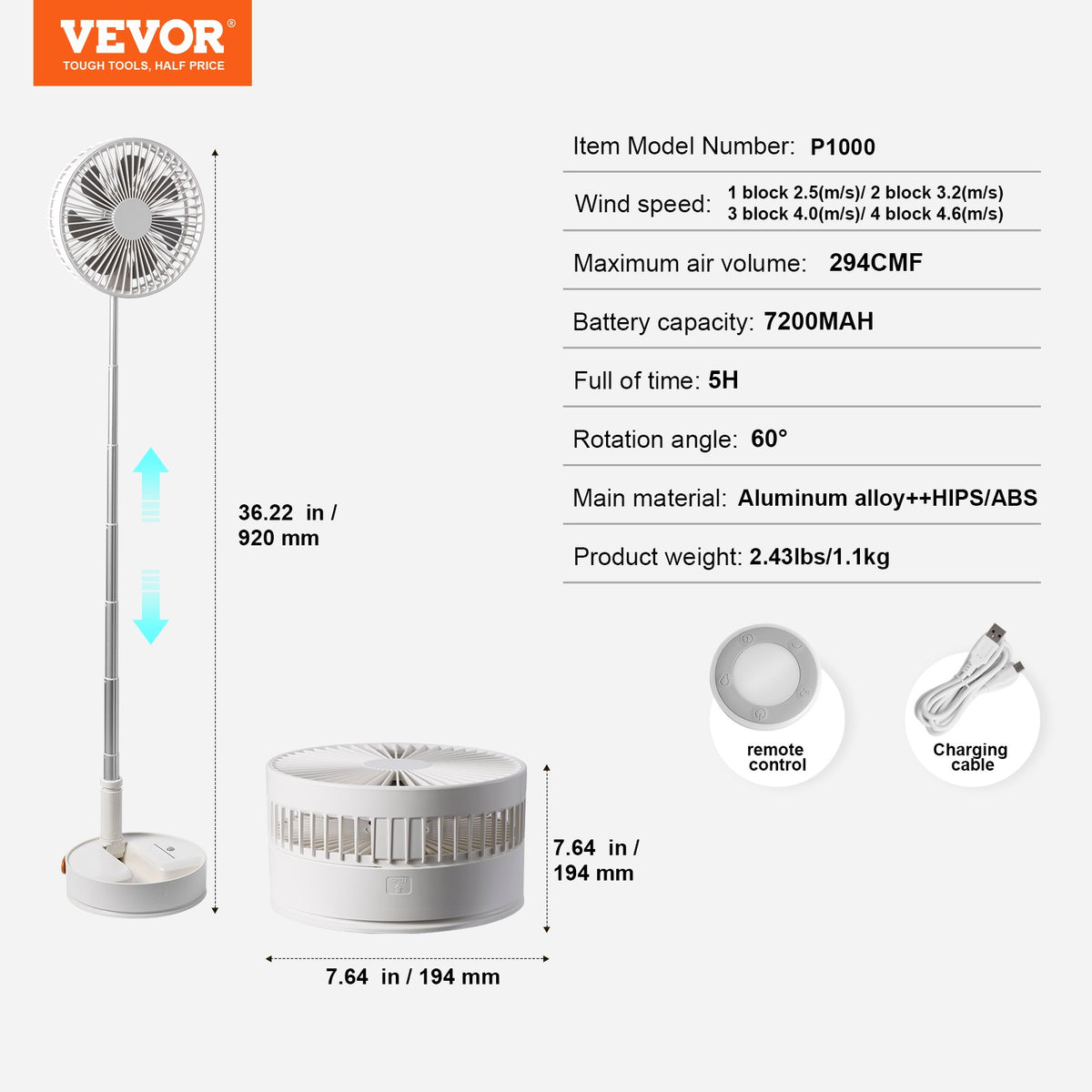 8 Inch Foldable Oscillating Standing Fan with Remote Control, 4 Speed Adjustable Portable Desk Quiet Fan, V952-CDFS8YCSSSF0UQN12V9