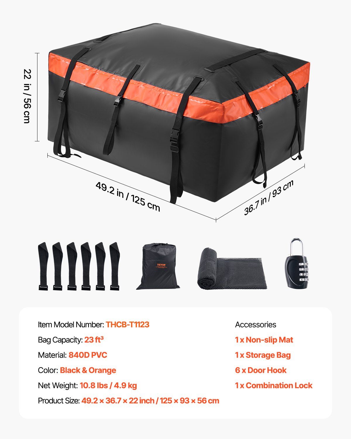 Car Rooftop Cargo Carrier Bag, 23 Cubic Feet Roof Cargo Carrier, Heavy Duty 840D PVC 100% Waterproof Car Roof V952-CDHBJX23CUFTPIS1VV0