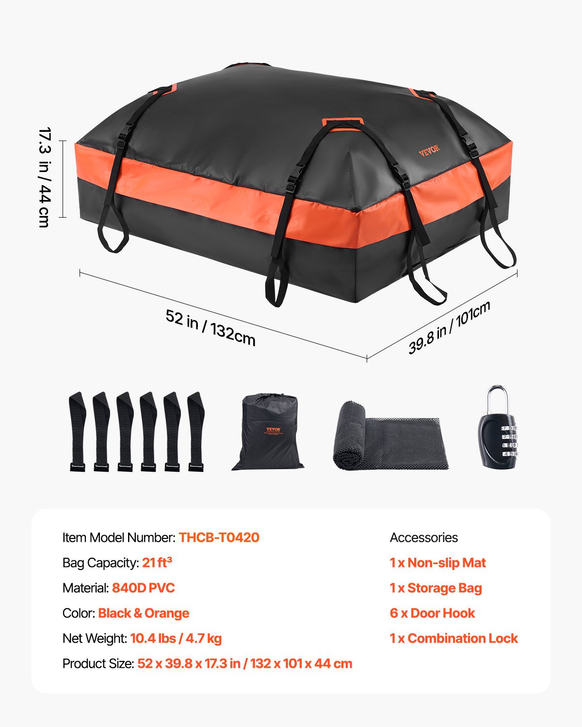 Car Rooftop Cargo Carrier Bag 21 Cubic Feet Roof Cargo Carrier 840D PVC V952-CDHBTX20LFYCKB502V0