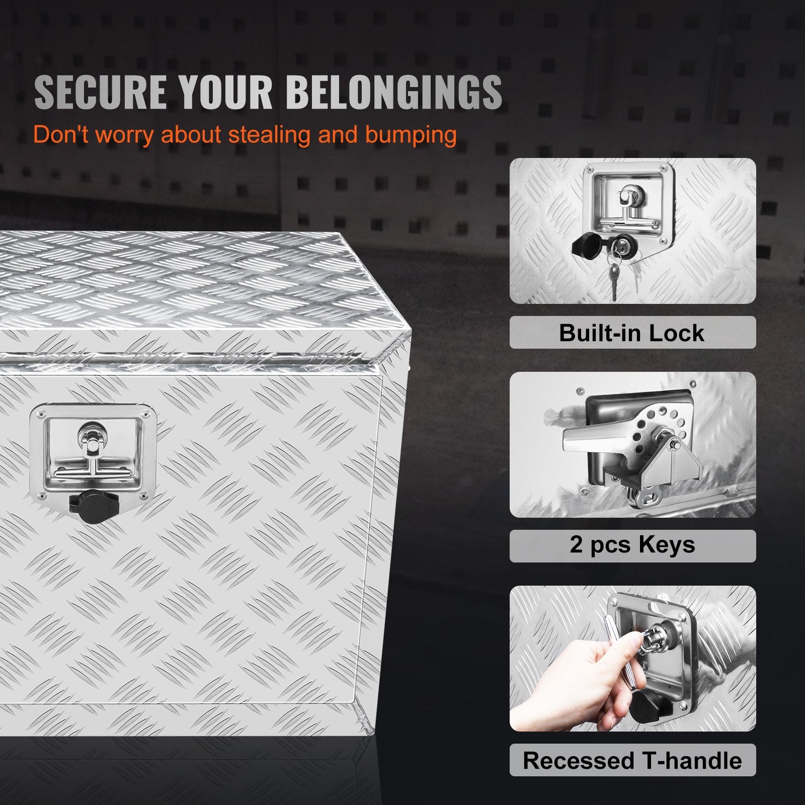 Underbody Truck Box, 24"x14"x16" Pickup Storage Box, Heavy Duty Aluminum Diamond Plate Tool Box with Lock and V952-CDK241416INCHAMF9V0