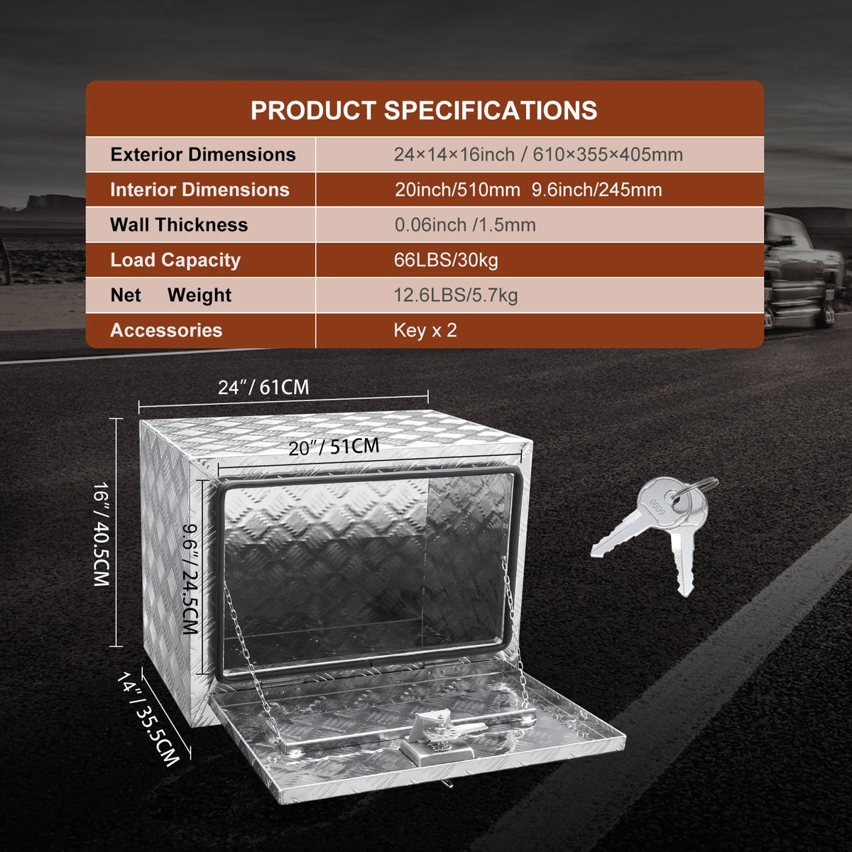 Underbody Truck Box, 24"x14"x16" Pickup Storage Box, Heavy Duty Aluminum Diamond Plate Tool Box with Lock and V952-CDK241416INCHAMF9V0