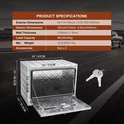 Underbody Truck Box, 24"x14"x16" Pickup Storage Box, Heavy Duty Aluminum Diamond Plate Tool Box with Lock and V952-CDK241416INCHAMF9V0