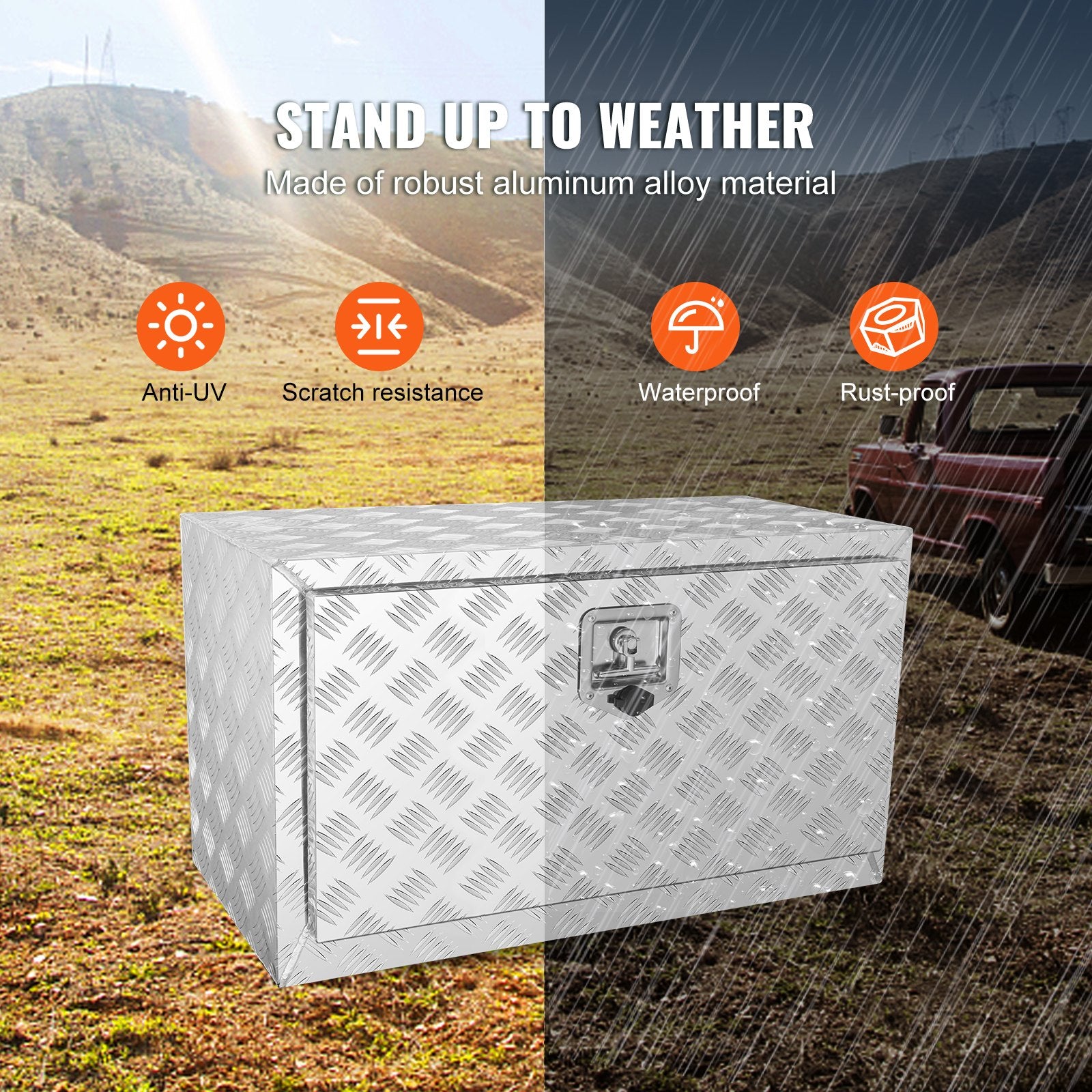 Underbody Truck Box, 30"x14"x16" Pickup Storage Box, Heavy Duty Aluminum Diamond Plate Tool Box with Lock and V952-CDK301416INCH2LT5V0