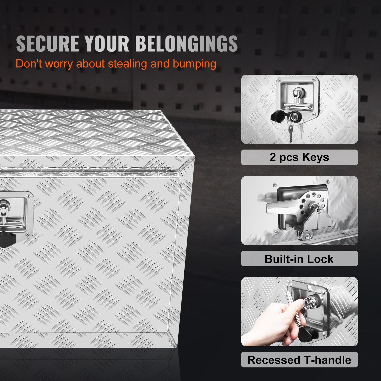 Underbody Truck Box, 30"x14"x16" Pickup Storage Box, Heavy Duty Aluminum Diamond Plate Tool Box with Lock and V952-CDK301416INCH2LT5V0