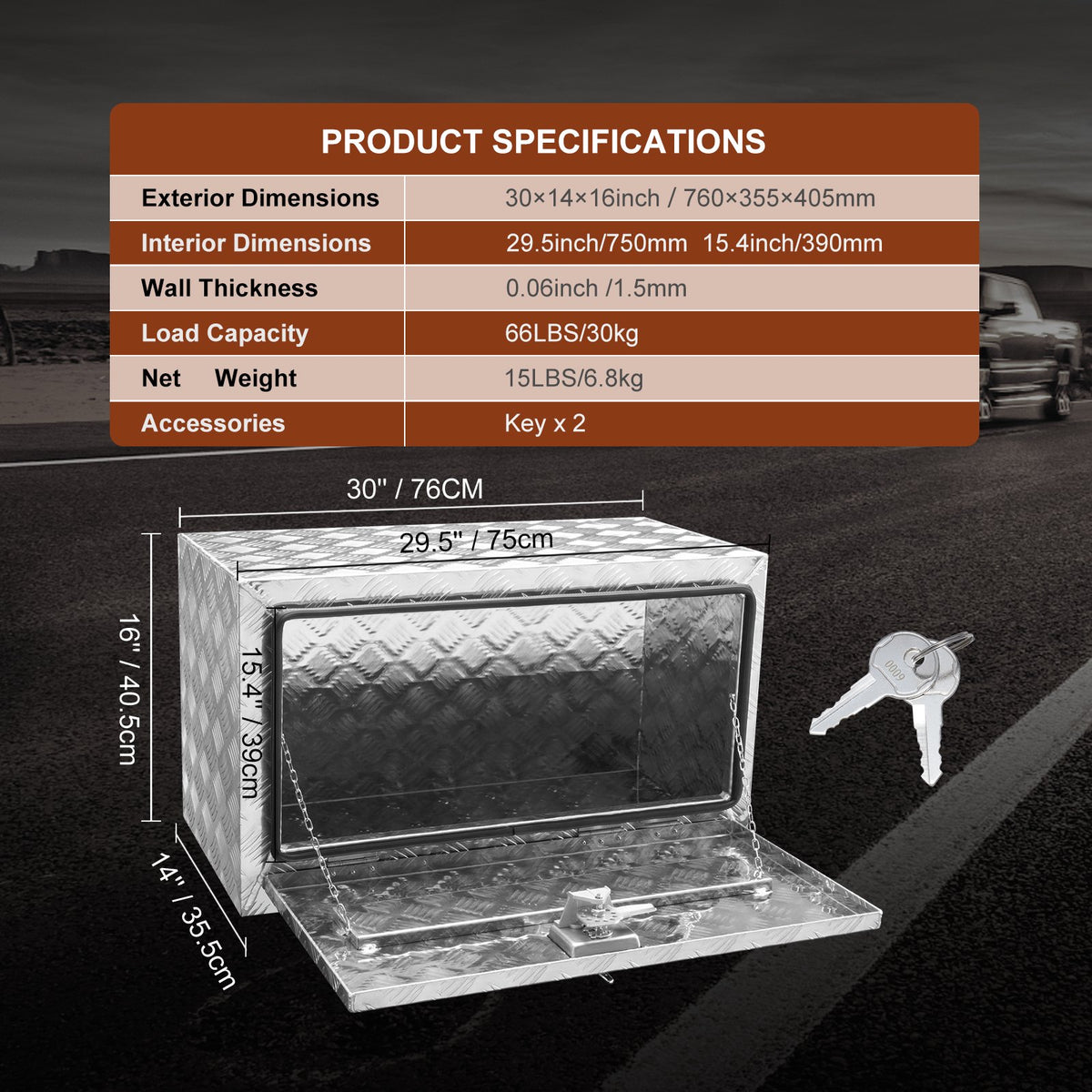 Underbody Truck Box, 30"x14"x16" Pickup Storage Box, Heavy Duty Aluminum Diamond Plate Tool Box with Lock and V952-CDK301416INCH2LT5V0