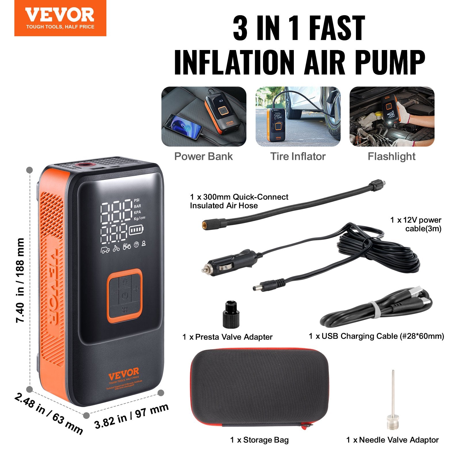 Tire Inflator Portable Air Compressor, Dual-Cylinder & 12000mAh Rechargeable Air Pump, 30s Fast Inflation V952-CDSLTCQJ3400VJOS6V9