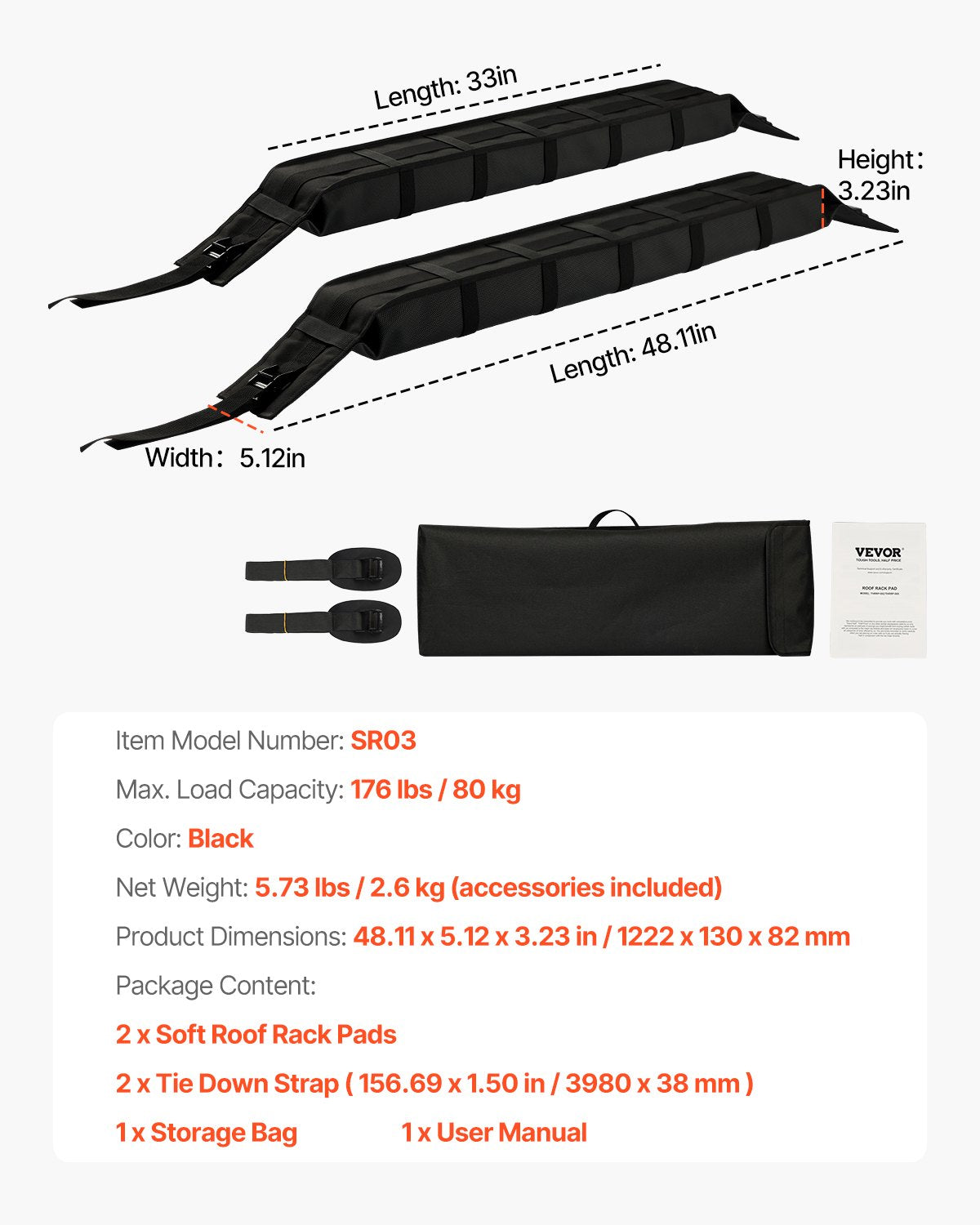 Soft Roof Rack Pads 33in 176lbs Load Capacity for Kayak Canoe Surfboard Luggage V952-CDXLJDWXHGJK88LRSV0